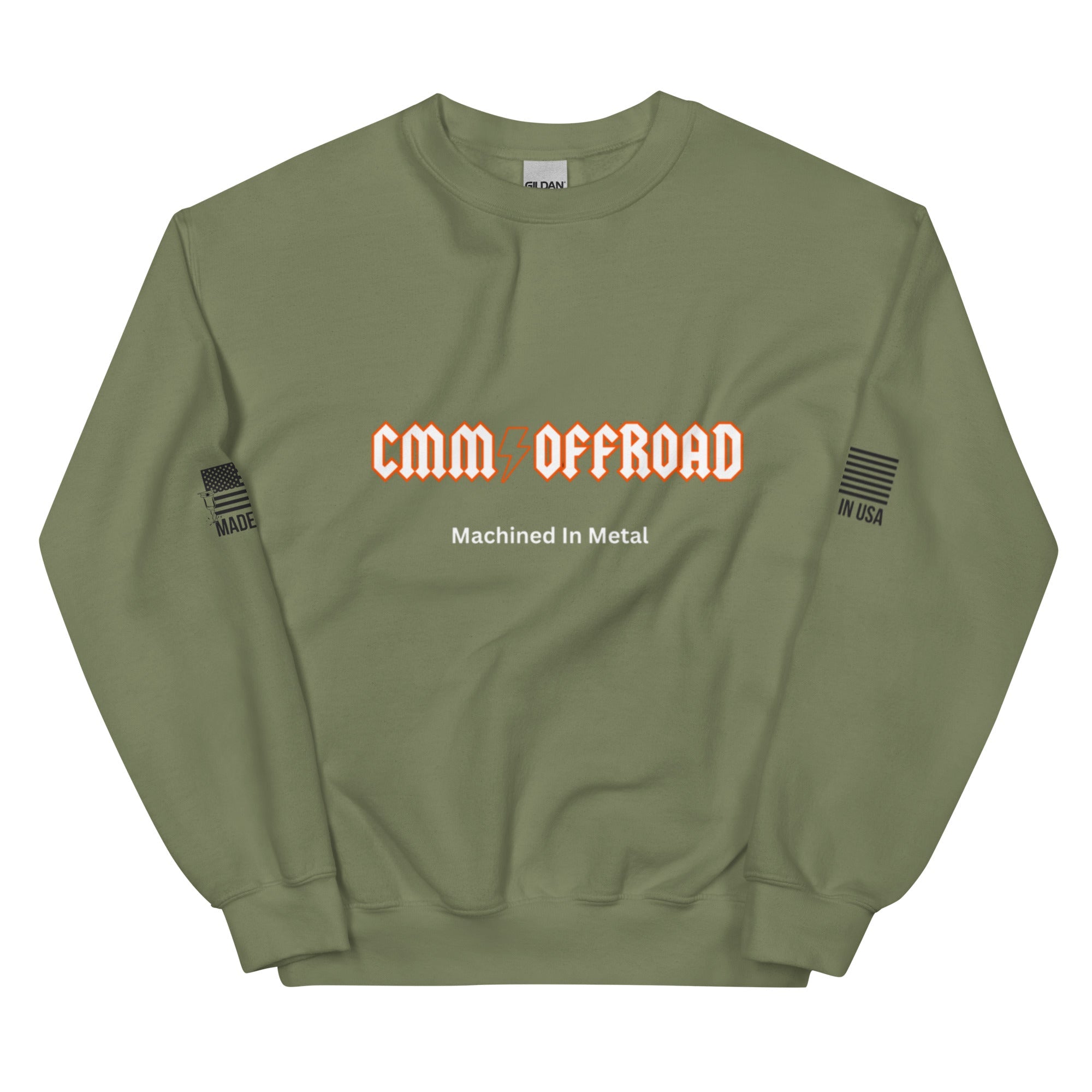 Military green crew neck sweatshirt with 'CMM Offroad Machined In Metal' text and USA flag graphics