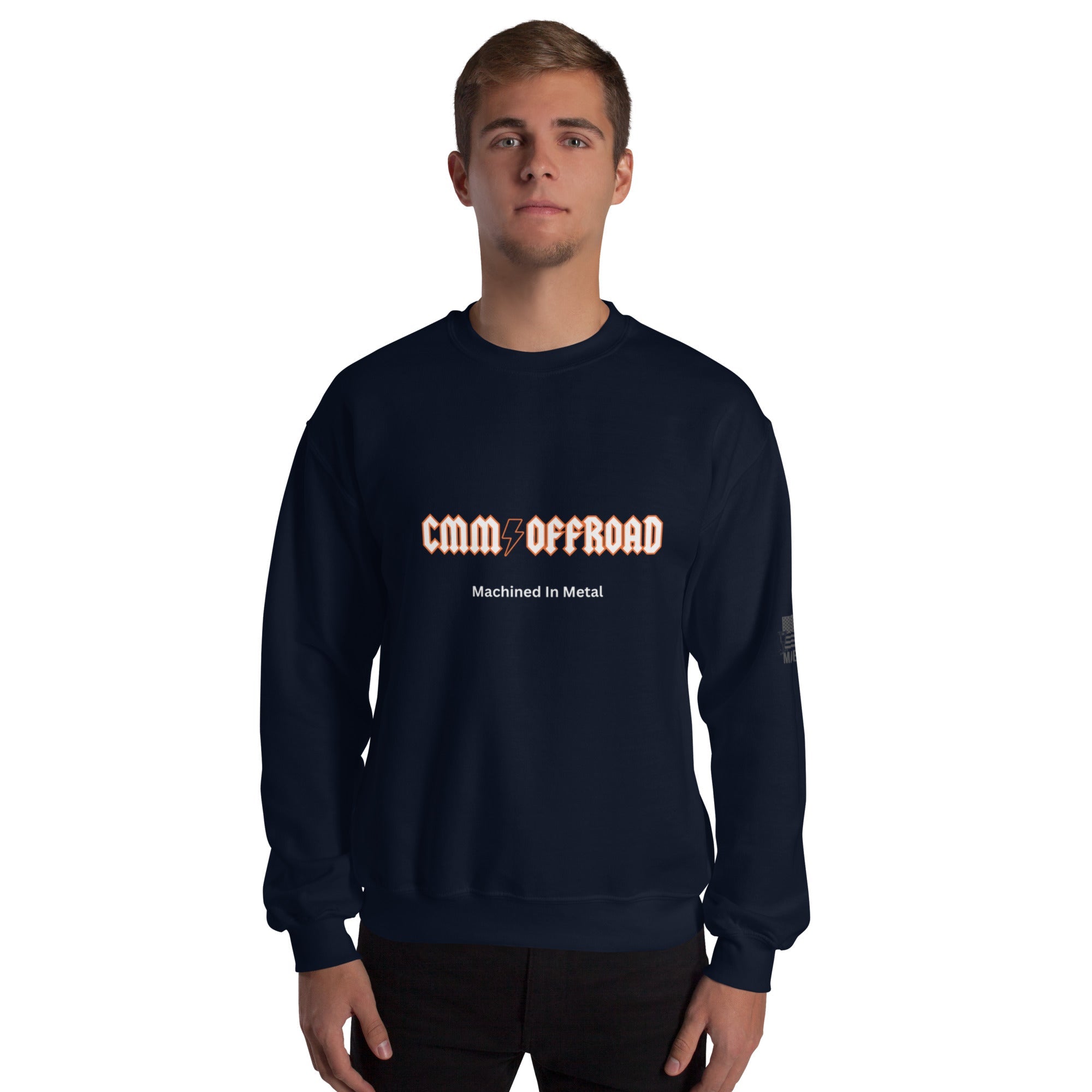 Unisex navy crew neck sweatshirt with 'CMM Offroad Machined In Metal' front print