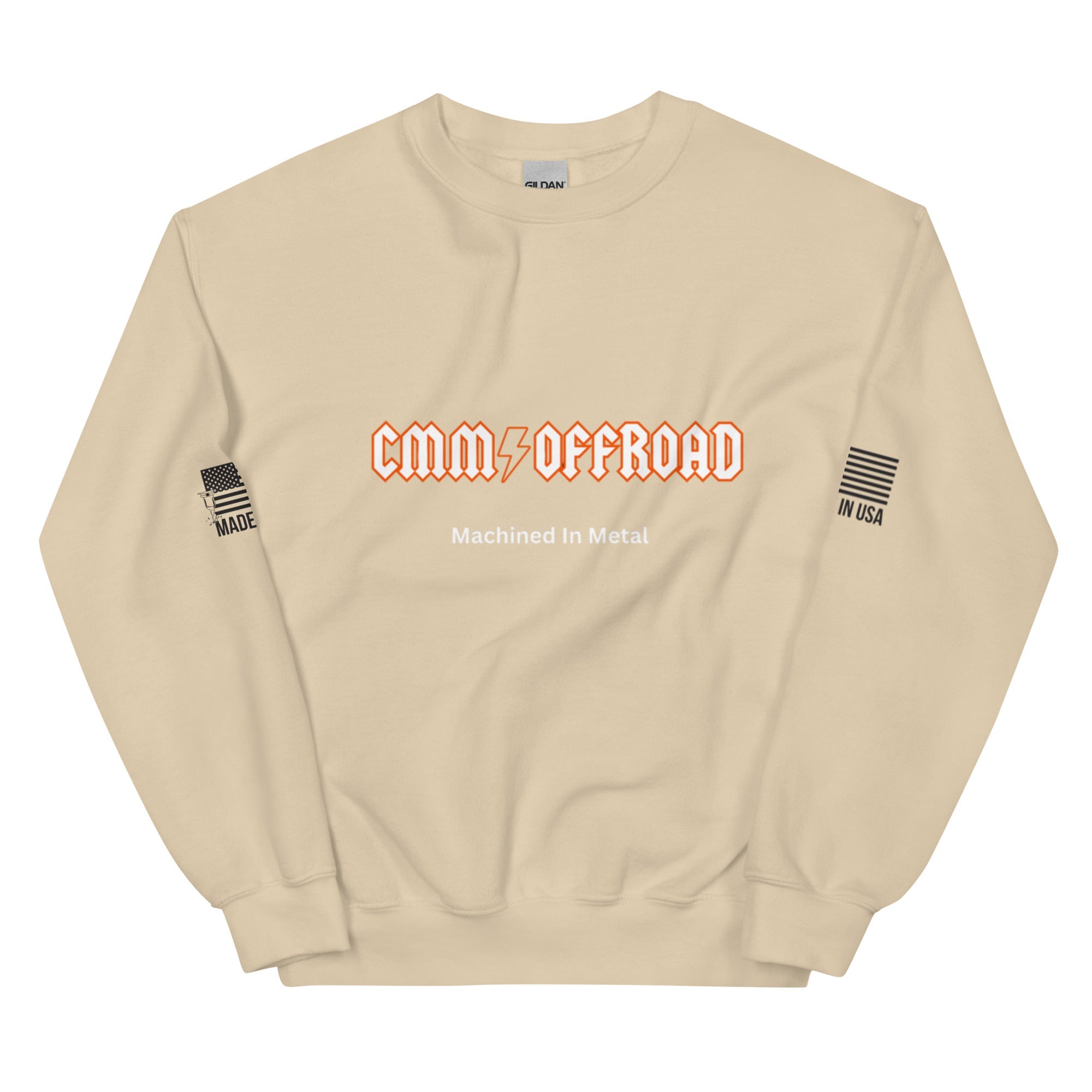 Sand crew neck sweatshirt with 'CMM Offroad' and 'Machined In Metal' text, USA flag sleeves