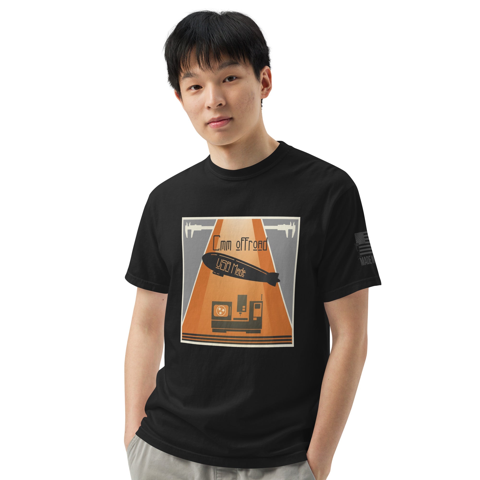 Unisex black heavyweight t-shirt with retro offroad graphic and USA Made text, front view