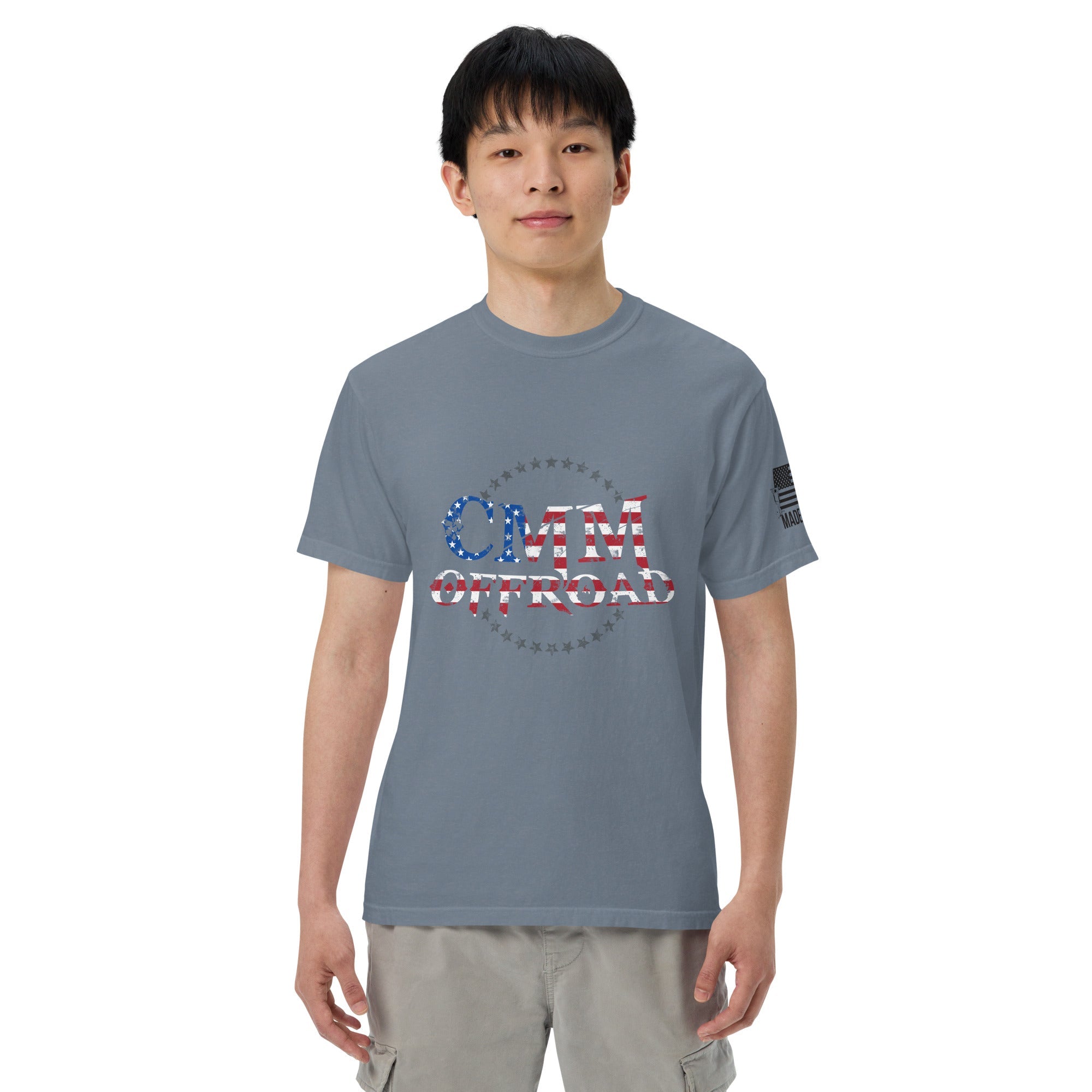 Unisex blue heavyweight t-shirt with US flag CMM Offroad graphic, front view