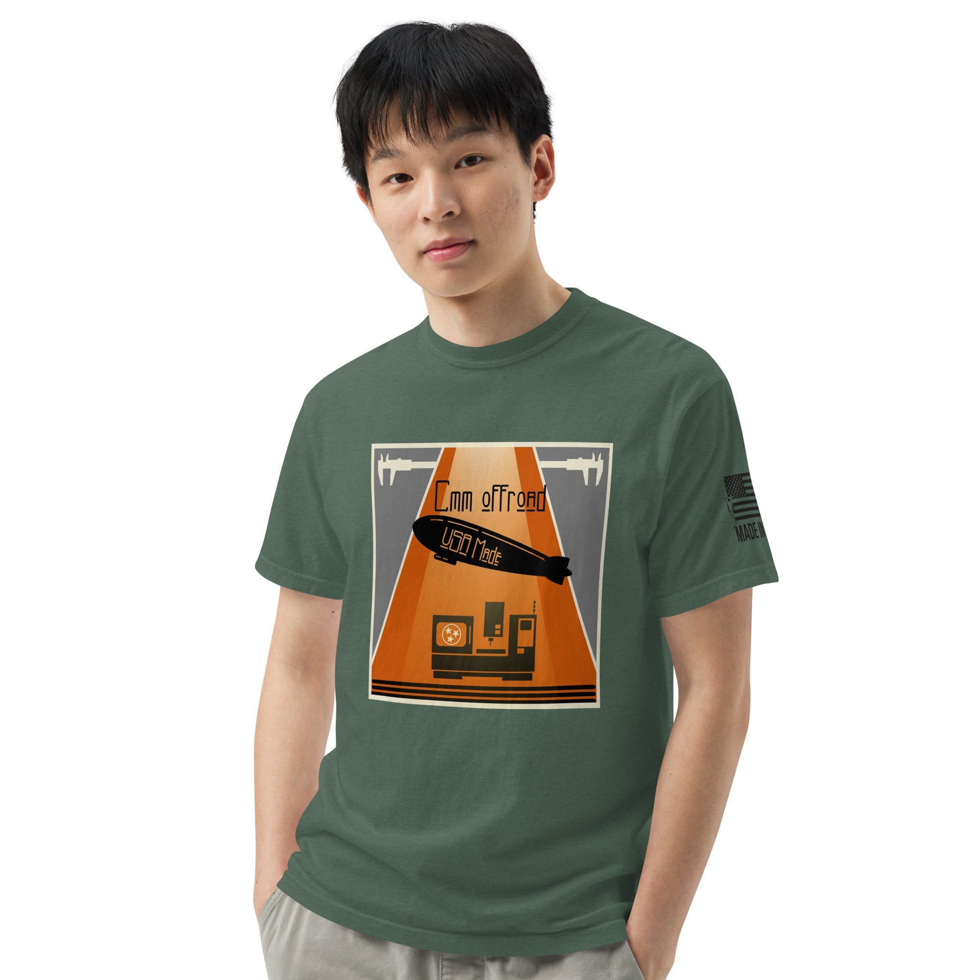 Unisex blue spruce heavyweight T-shirt with offroad vehicle and retro graphic print