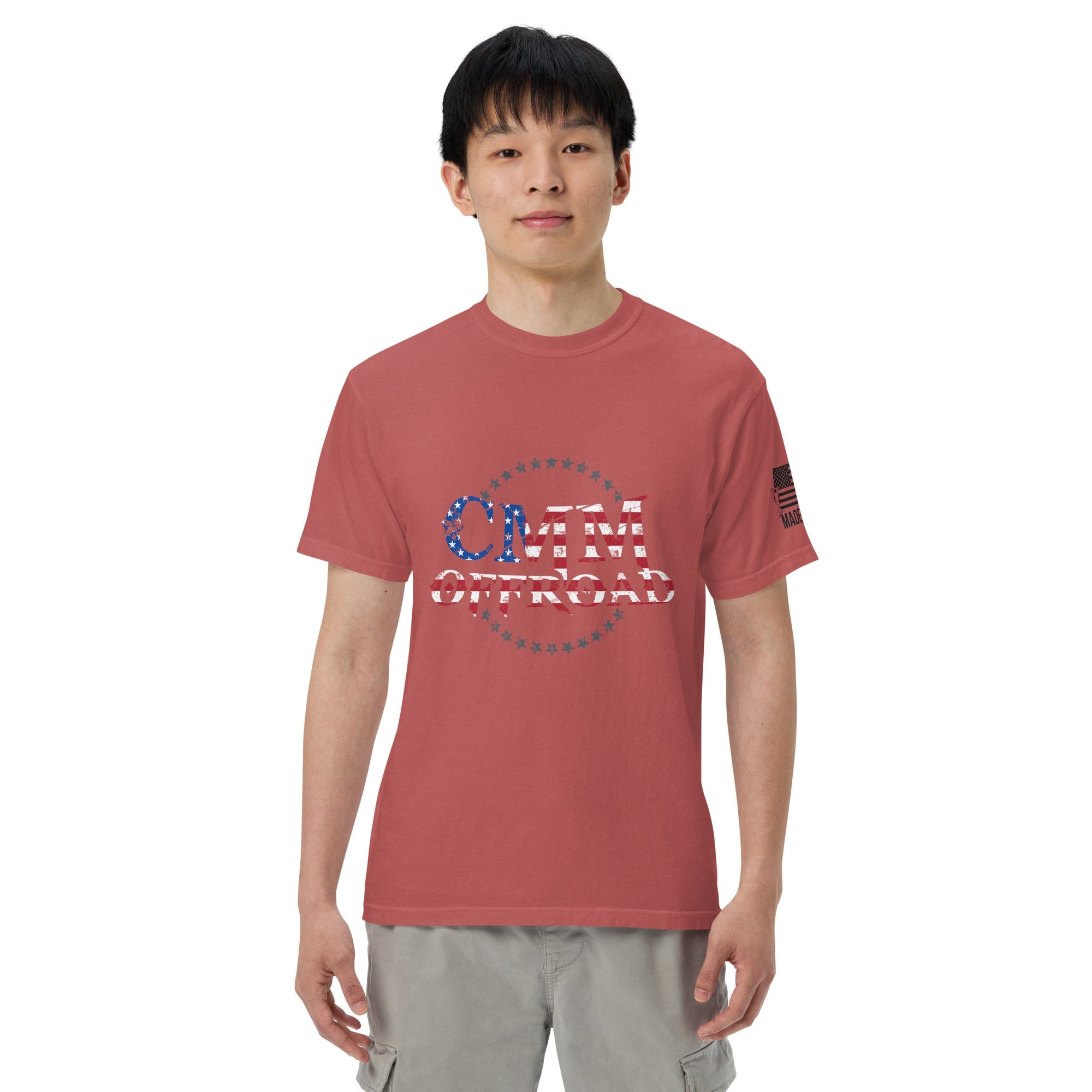 Unisex crimson heavyweight T-shirt with CMM Offroad American flag graphic and sleeve patch