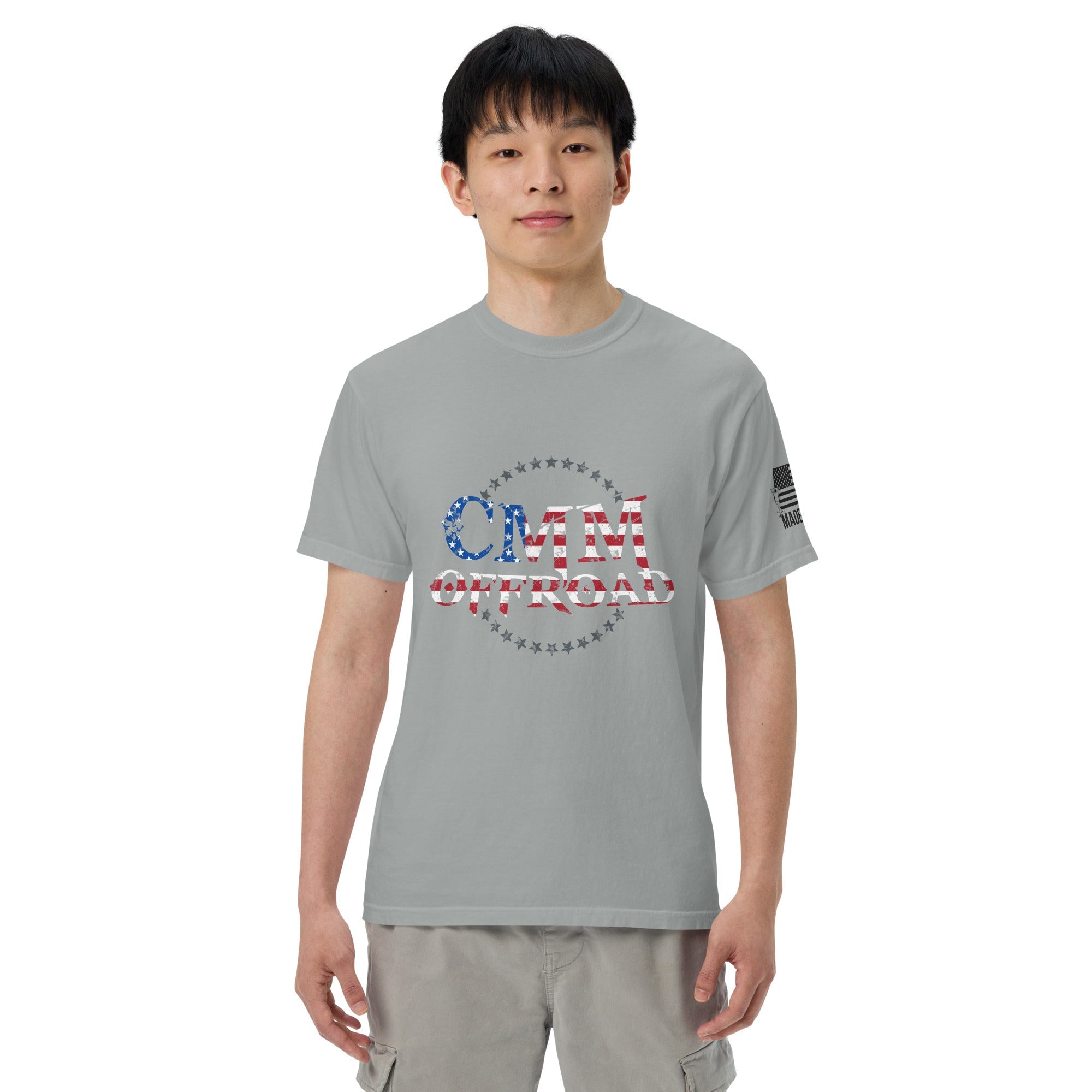 Unisex granite heavyweight t-shirt with CMM Offroad American flag graphic, front view