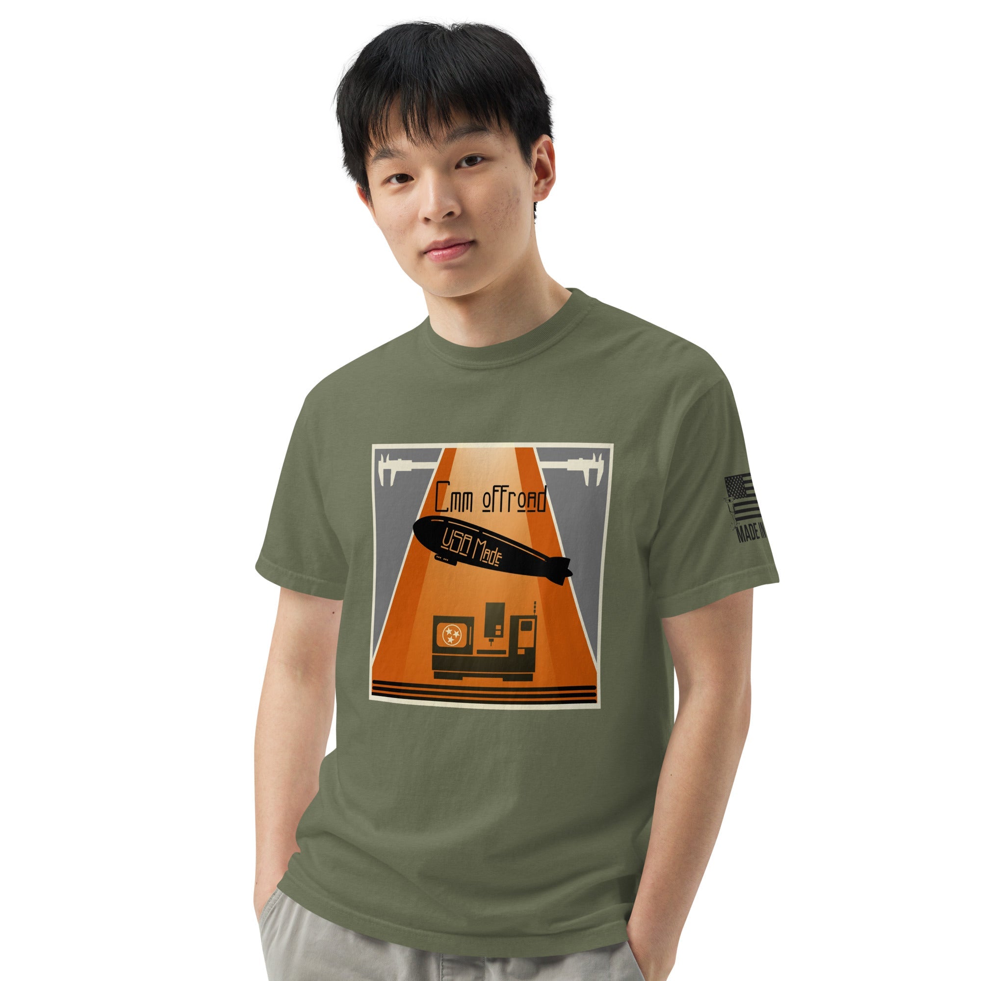Unisex moss green heavyweight t-shirt with off-road graphic and USA Made sleeve print