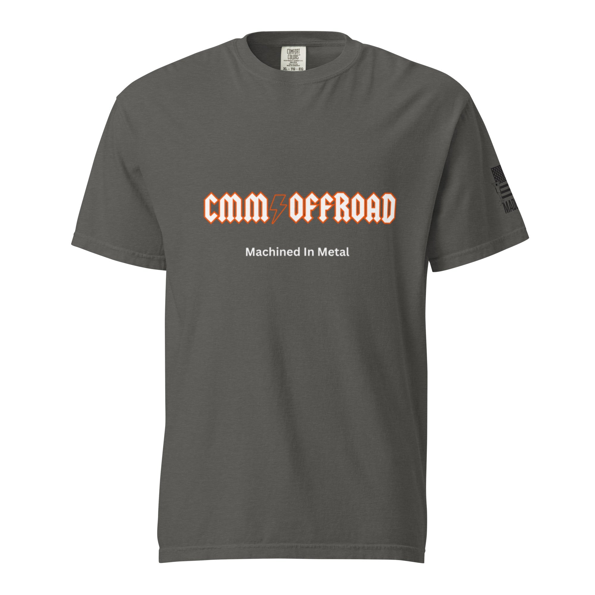 Unisex heavyweight pepper t-shirt with 'CMM Offroad Machined In Metal' text on front.