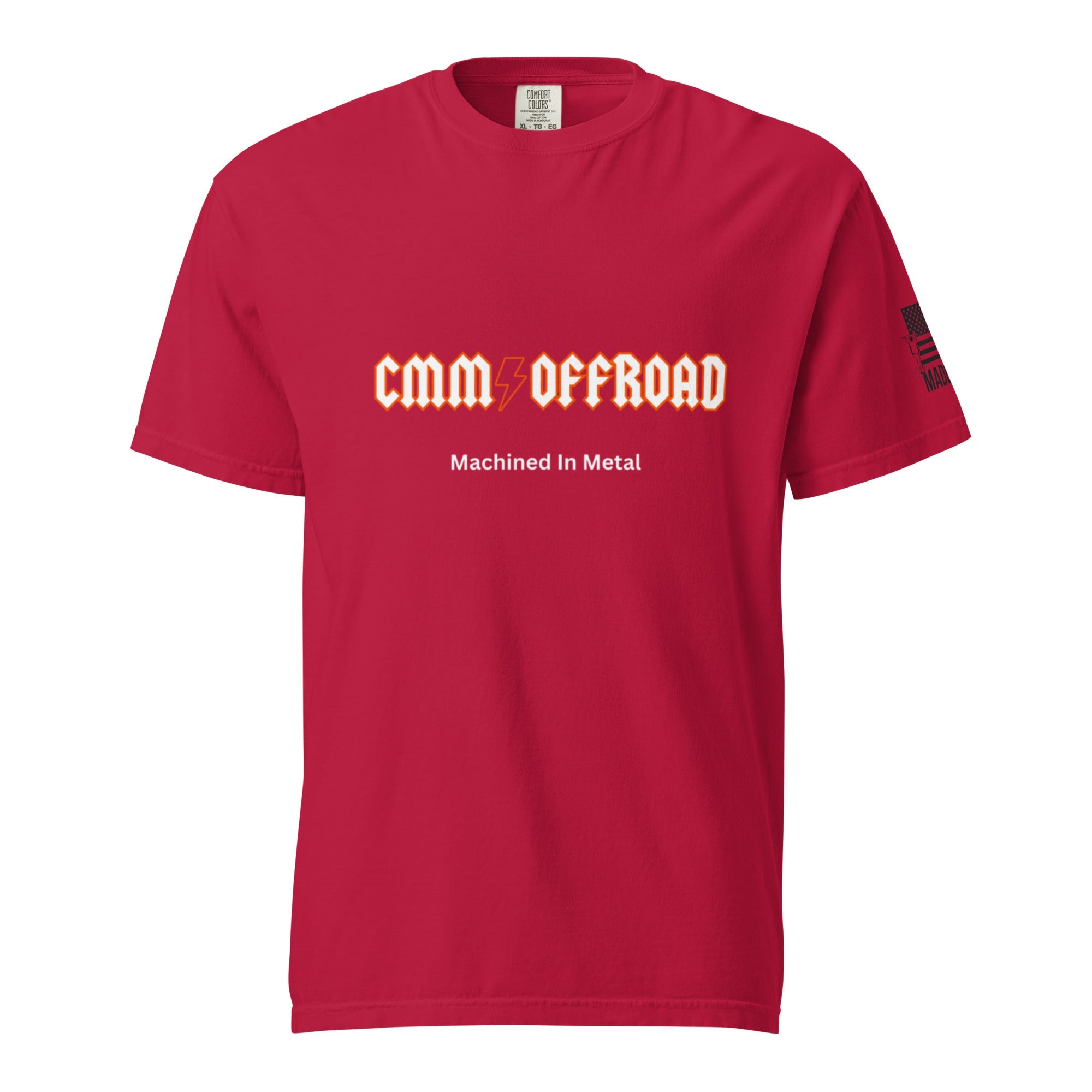 Red heavyweight unisex t-shirt with bold 'CMM Offroad' and 'Machined In Metal' text on front