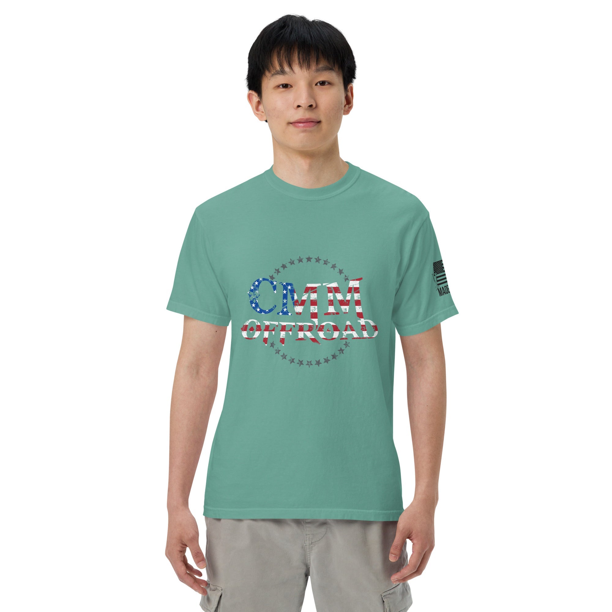 Unisex seafoam heavyweight t-shirt with CMM Offroad American flag logo, cargo shorts