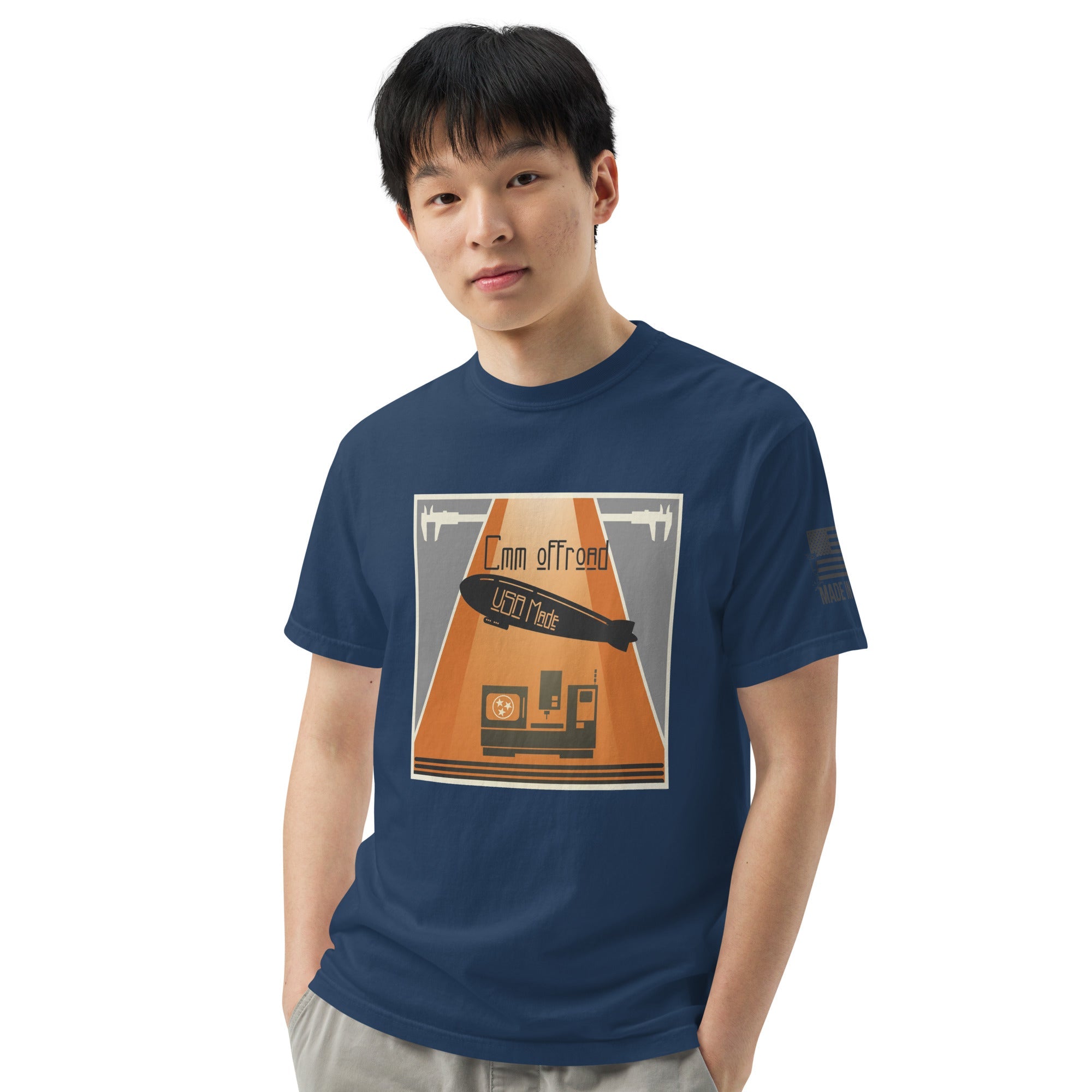 Unisex navy heavyweight t-shirt featuring an off-road vehicle and adventure graphic on front