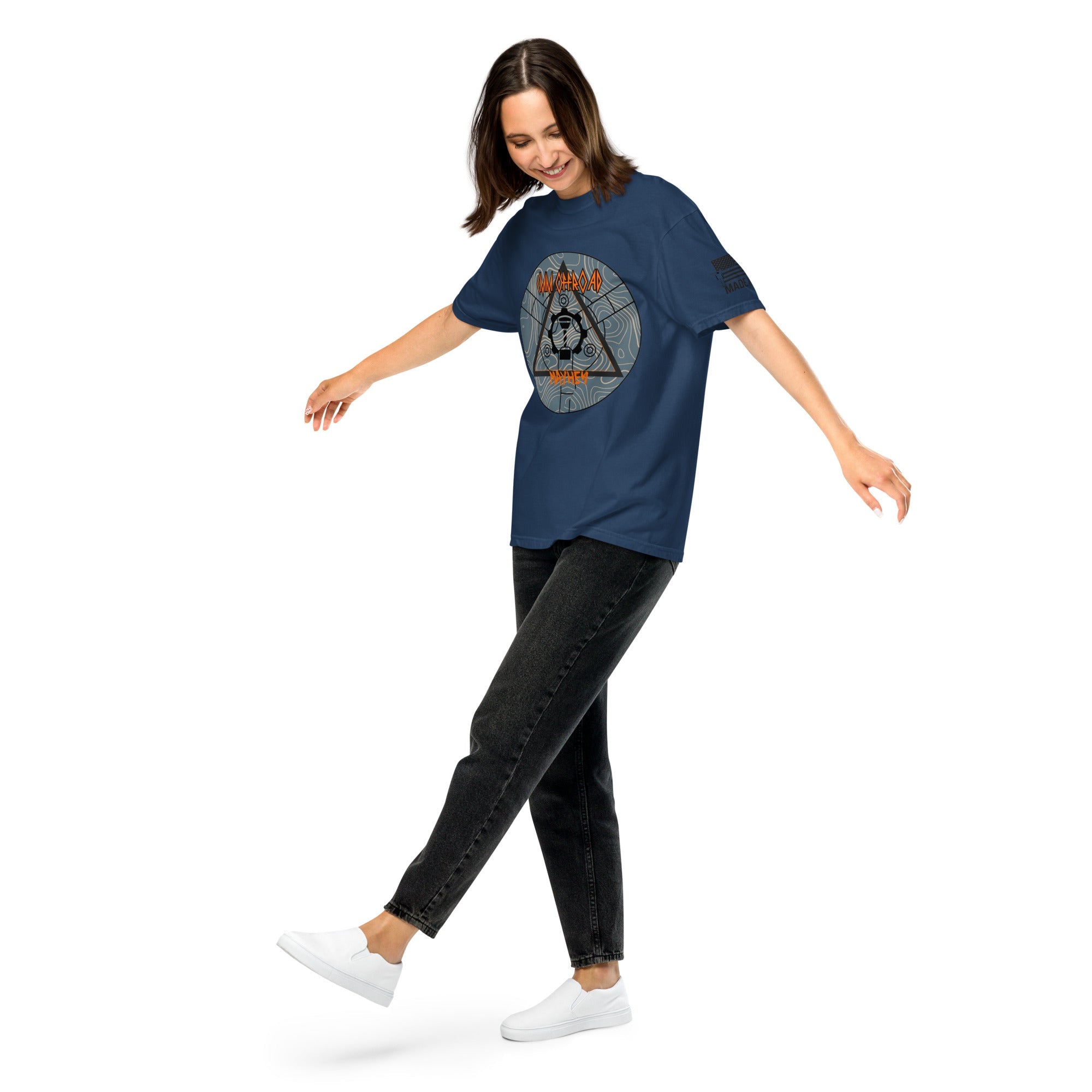 Woman wearing navy unisex garment-dyed heavyweight t-shirt with mountain graphic design