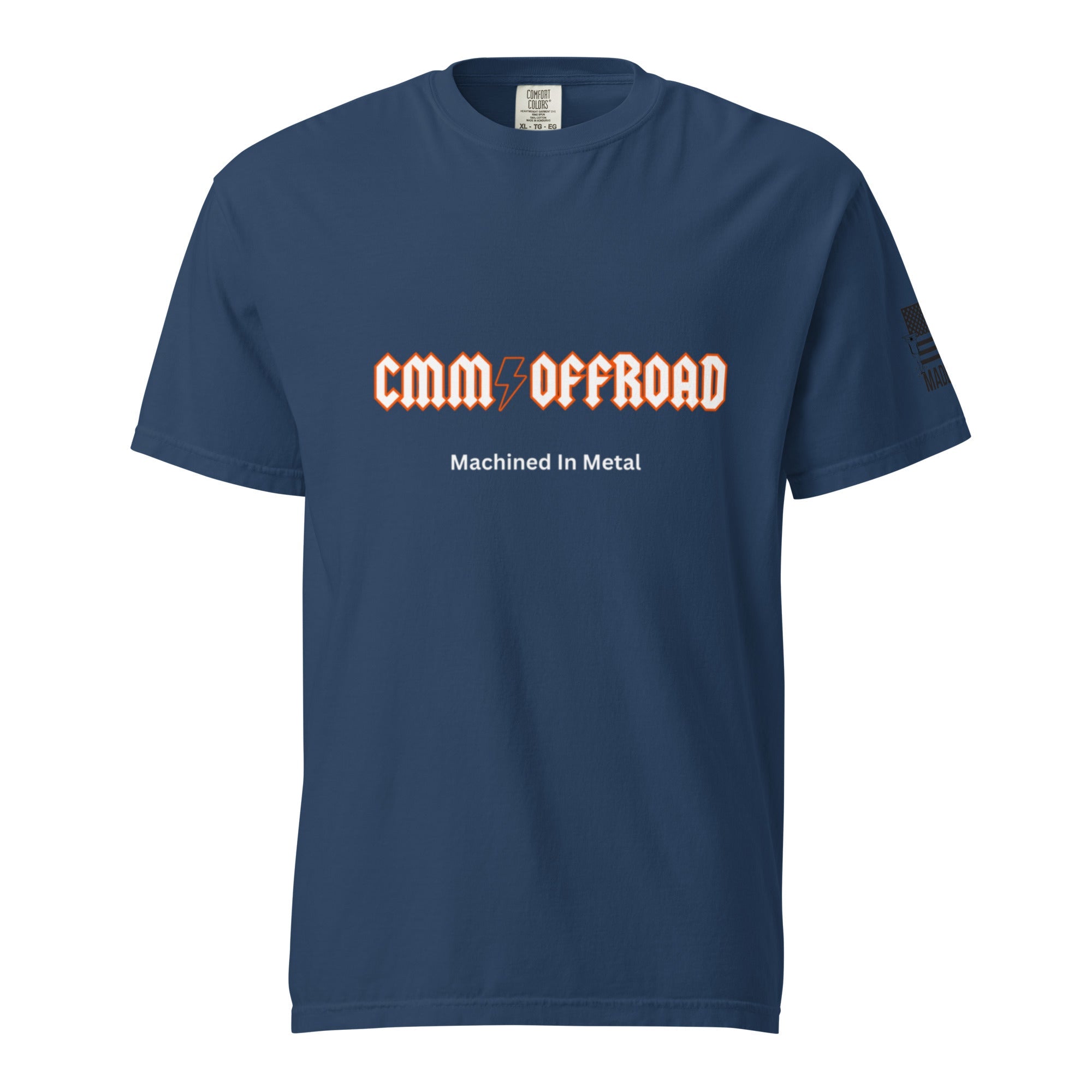 Unisex heavyweight navy t-shirt with CMM Offroad and Machined In Metal text on front