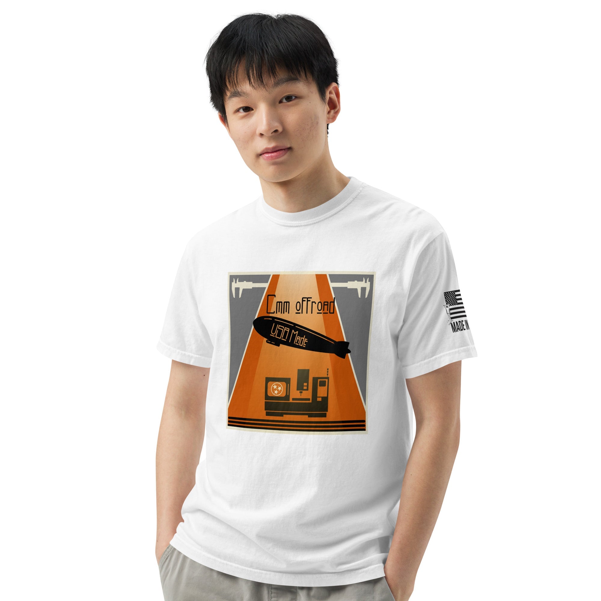 Unisex white heavyweight t-shirt with off-road adventure graphic and USA flag on sleeve