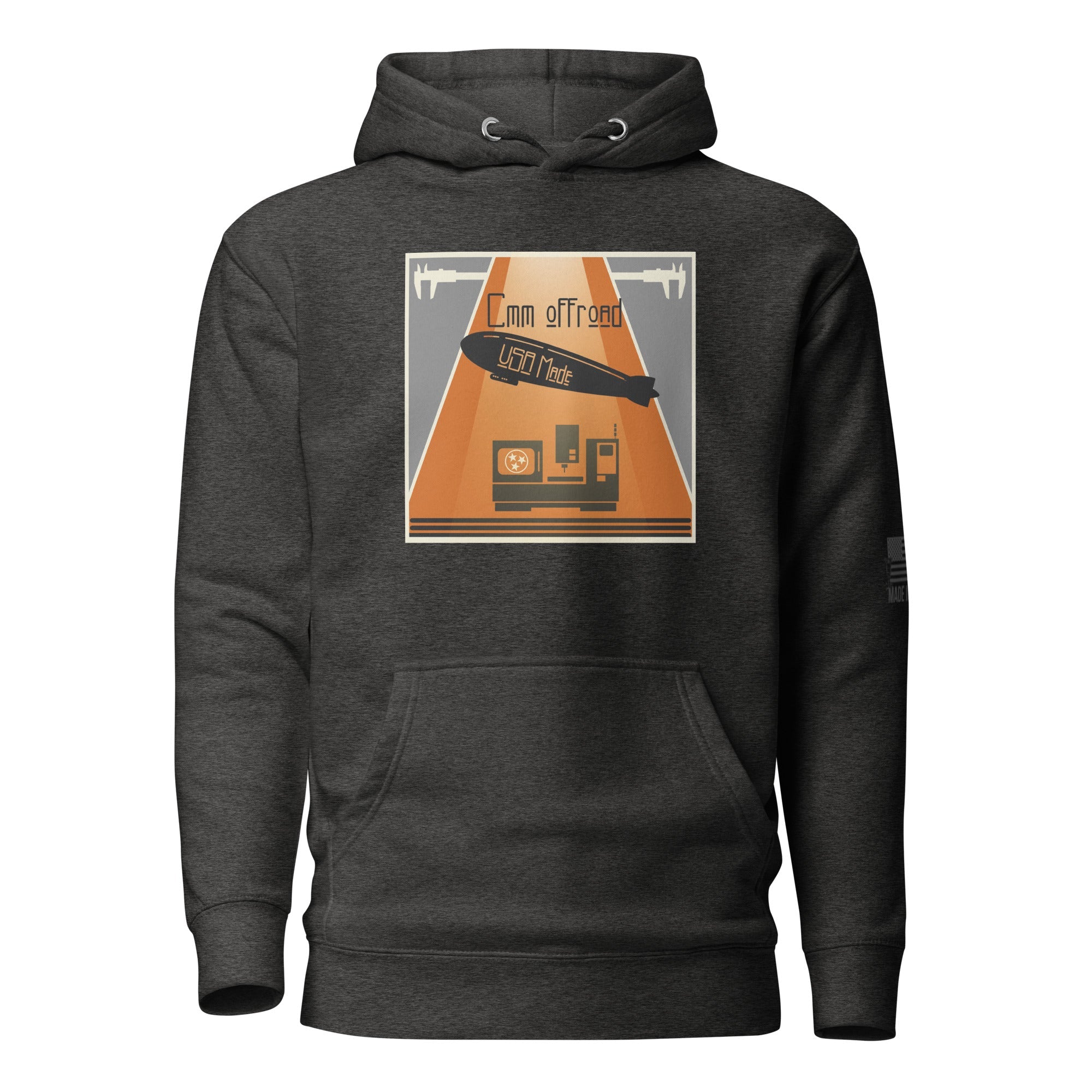 Charcoal heather unisex hoodie with retro offroad vehicle and CNC graphic on front
