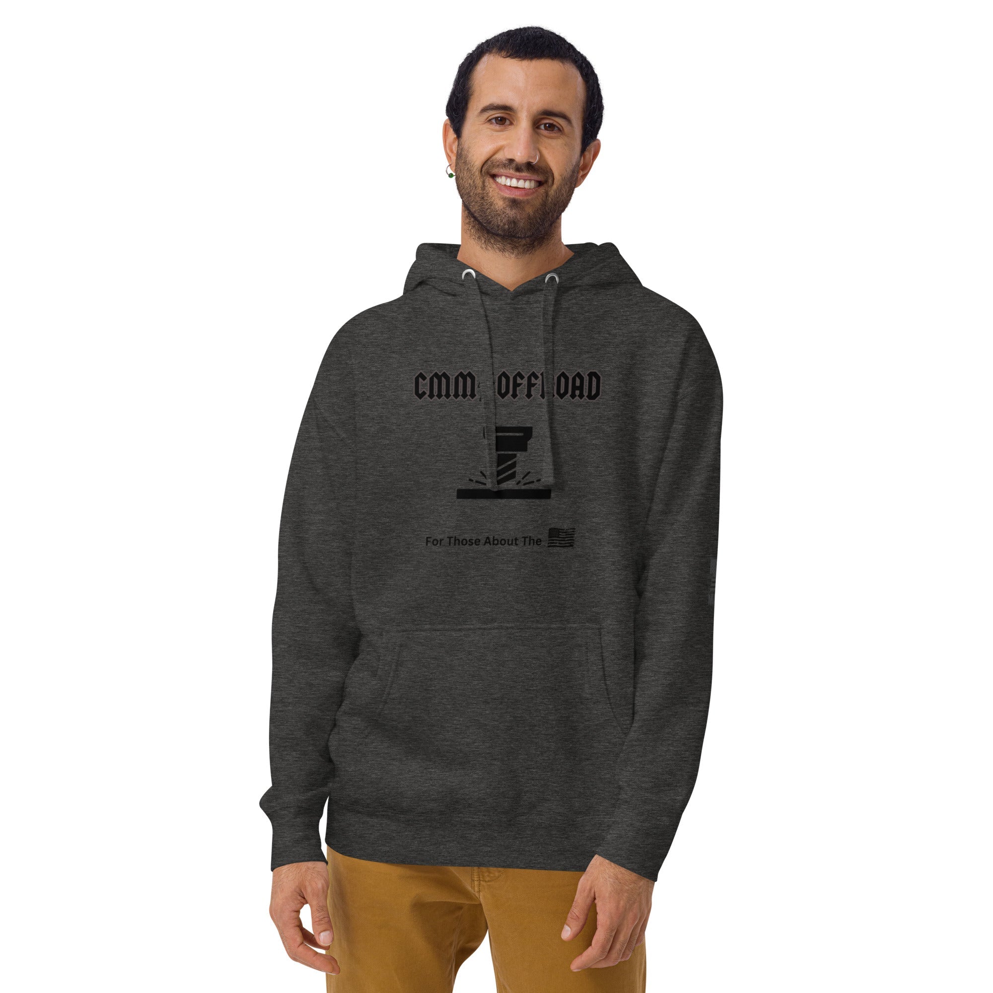 Unisex charcoal heather hoodie with front pockets and black off-road themed print design