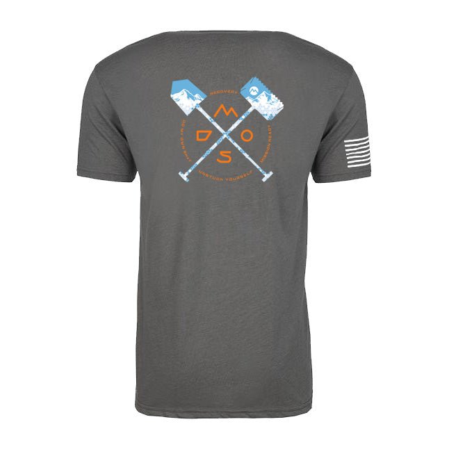 Gray unisex t-shirt with crossed shovel graphic, outdoor mountain theme, and flag on sleeve