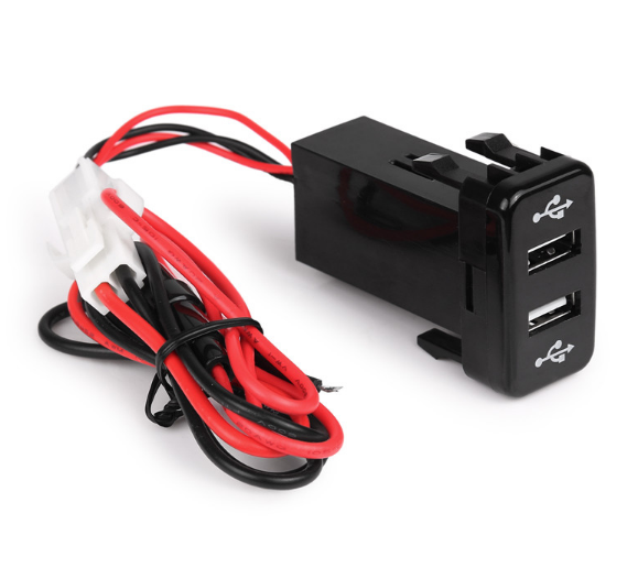 Dual USB port charger with wiring harness for vehicle dashboard installation, overlanding accessory