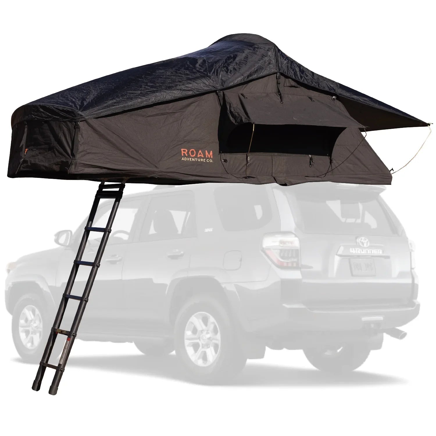 Black rooftop tent with ladder mounted on Toyota 4Runner, ideal for overlanding camping