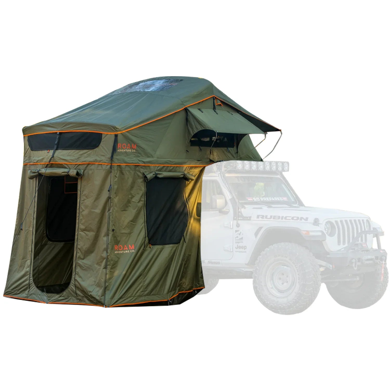 Green rooftop tent with annex attached to off-road Jeep, ideal for overlanding camping.