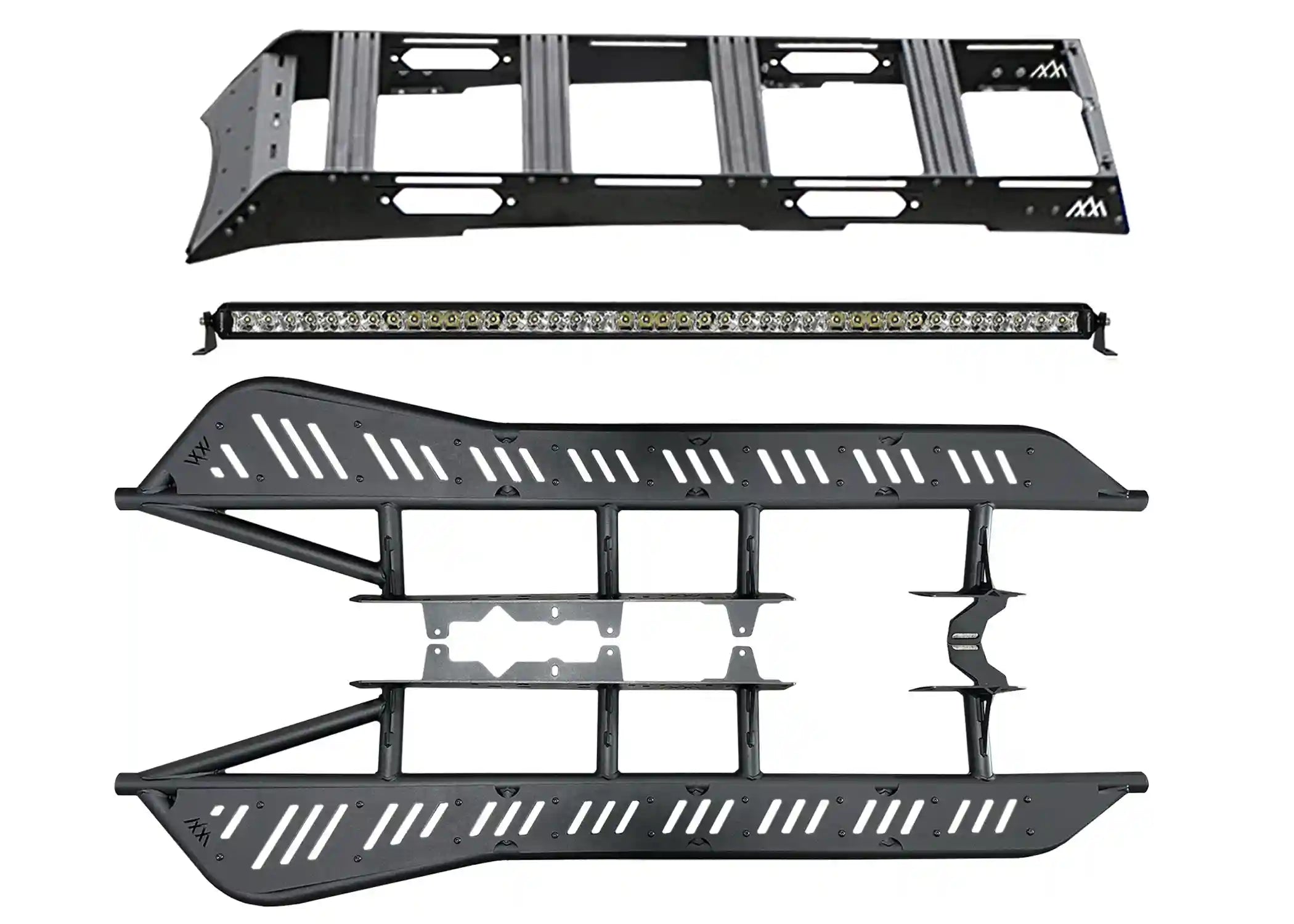 Backwoods Adventure Mods Weekend Warrior Off Road Kit bundle for 2nd and 3rd Gen 2005-2023 Toyota Tacomas including Rock Sliders, DRIFTR Roof Rack, and Pathfinder 40 inch LED roof rack light bar