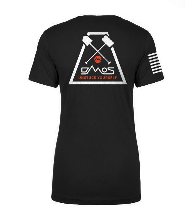 Black women's t-shirt with crossed shovel graphic, "Unstuck Yourself" text, and sleeve flag print