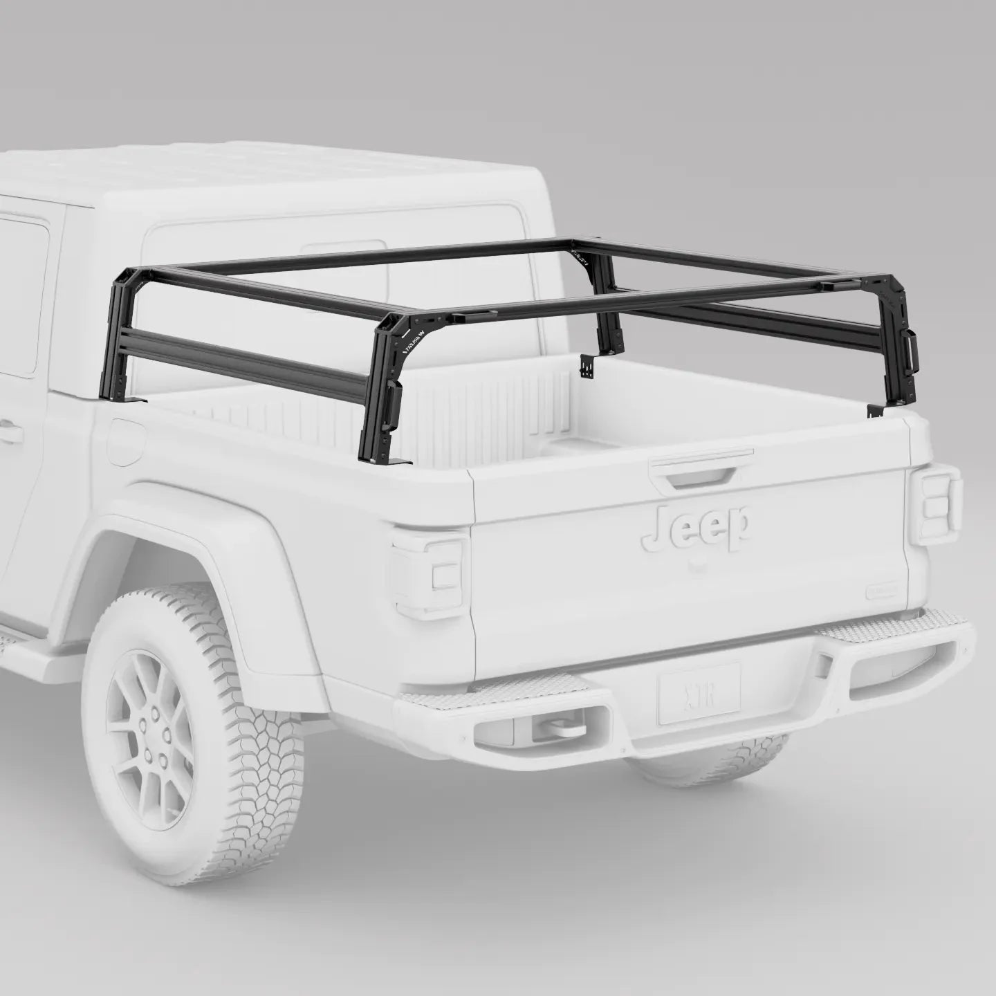 Black bed rack mounted on white Jeep Gladiator pickup, ideal for overlanding gear