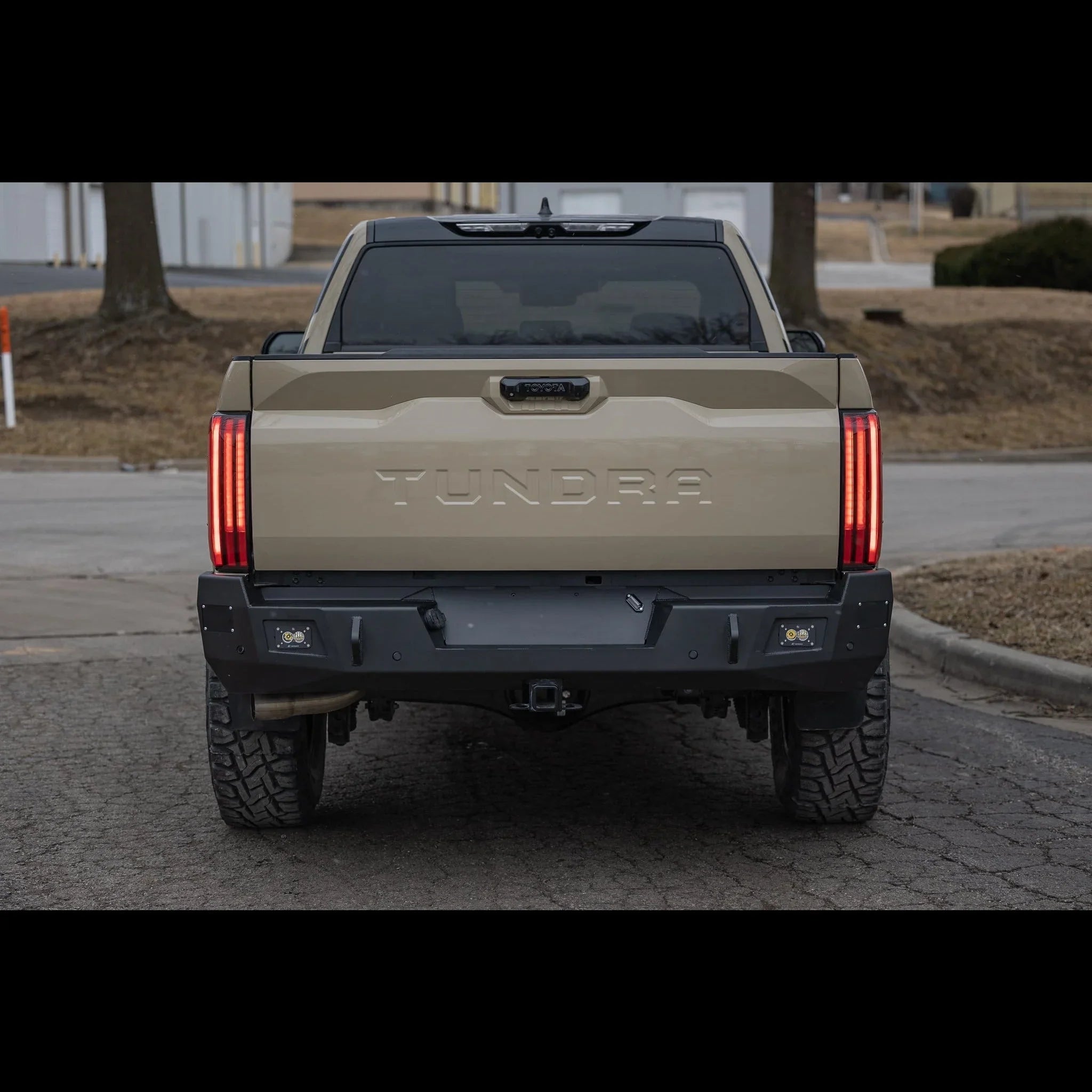 Toyota Tundra rear view with custom off-road steel bumper and LED tail lights