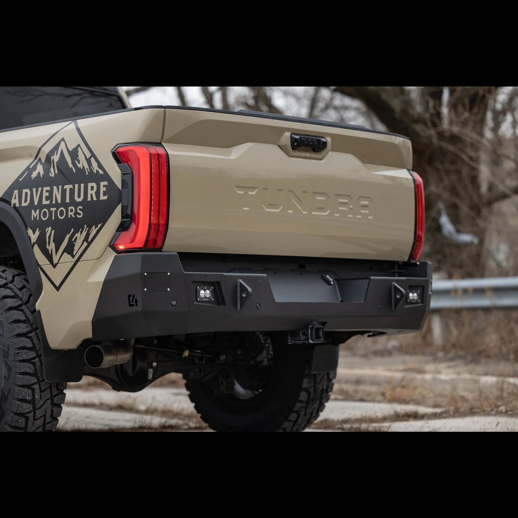 Toyota Tundra rear view with custom off-road rear bumper and integrated LED lights