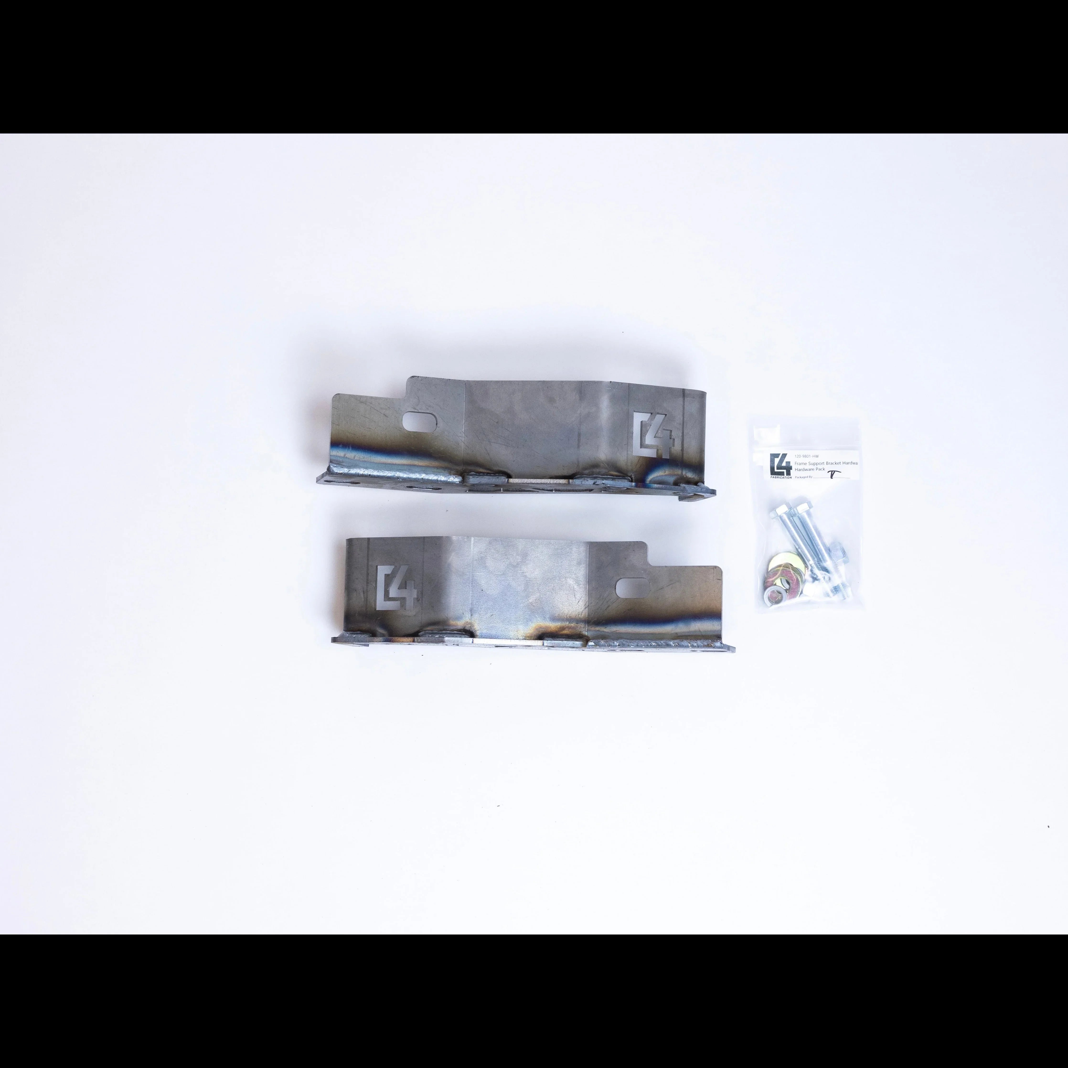 Metal mounting brackets and hardware kit for off-road vehicle accessories on white background