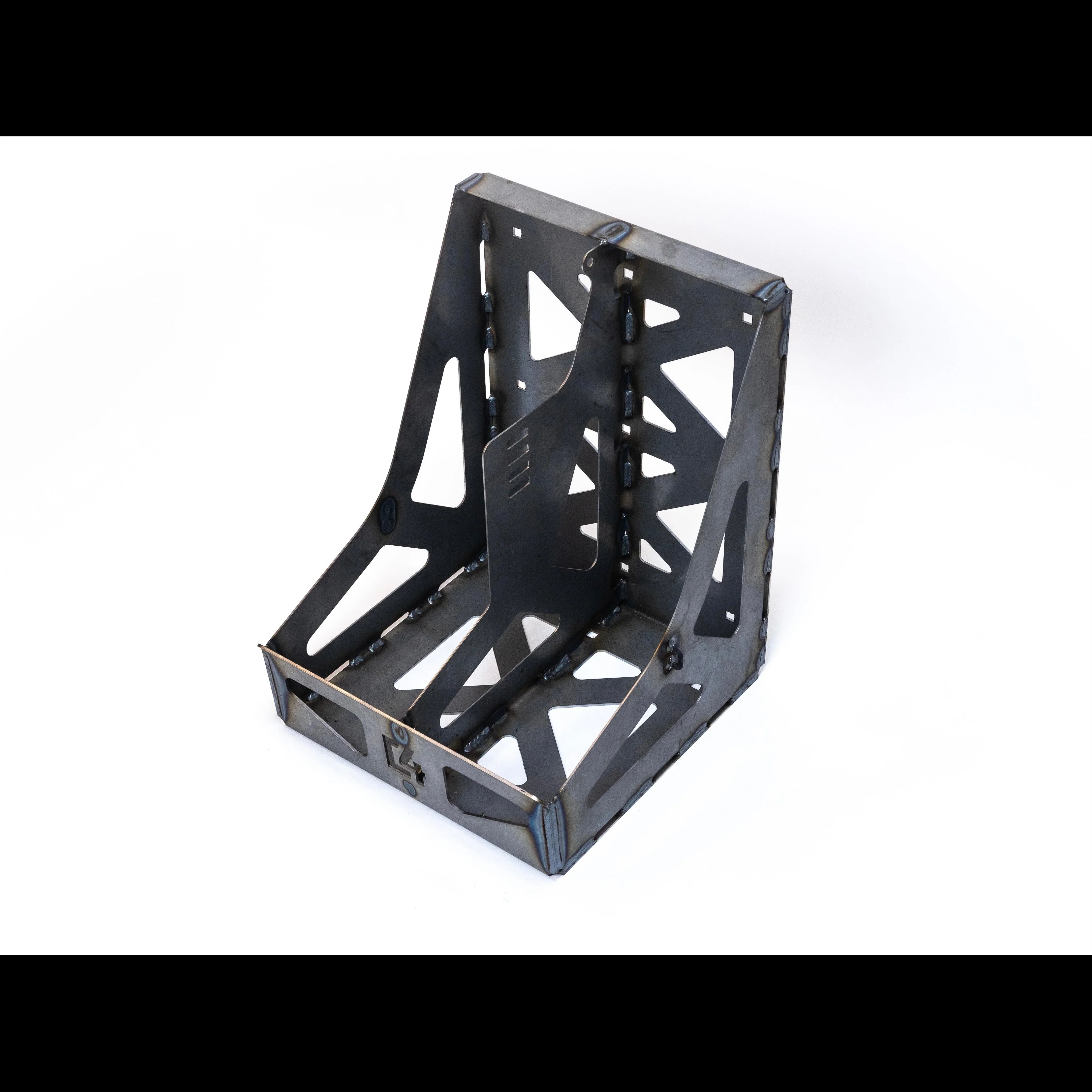 Steel overlanding gear mount or bracket with triangular cutouts on white background