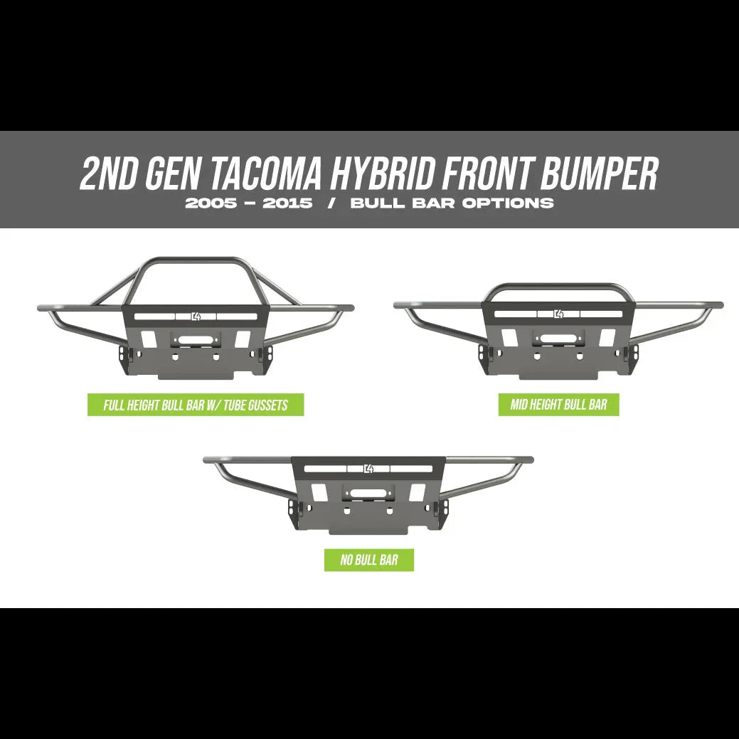 Three 2nd gen Tacoma hybrid front bumper options for 2005-2015, shown with different bull bar heights.