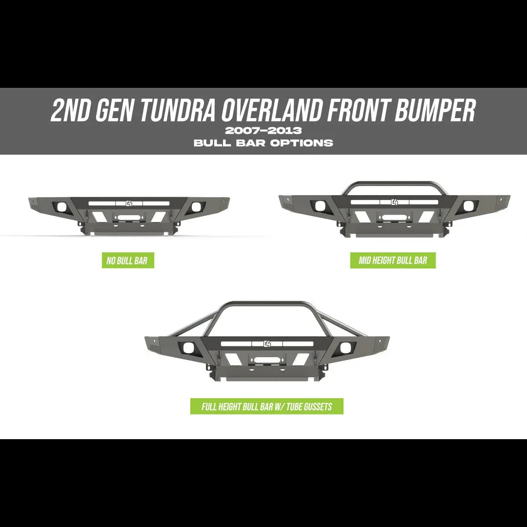 2nd gen Toyota Tundra overland front bumper bull bar options, no bar, mid and full height versions.