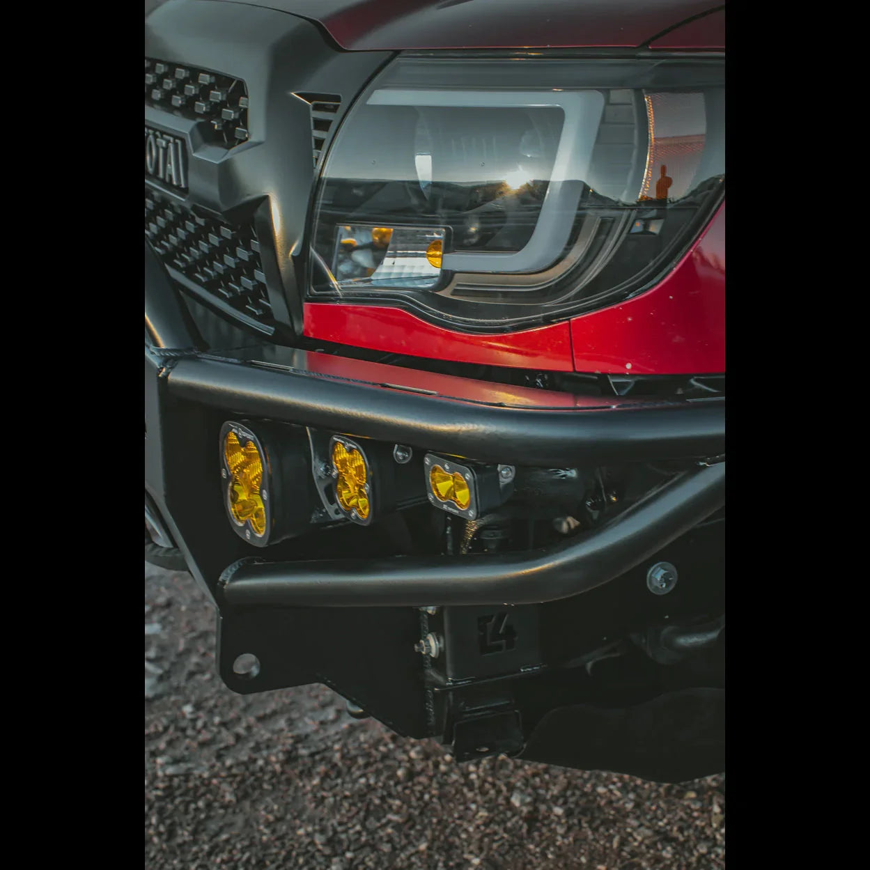 Toyota Tacoma front bumper with off-road LED pod lights and rugged grille