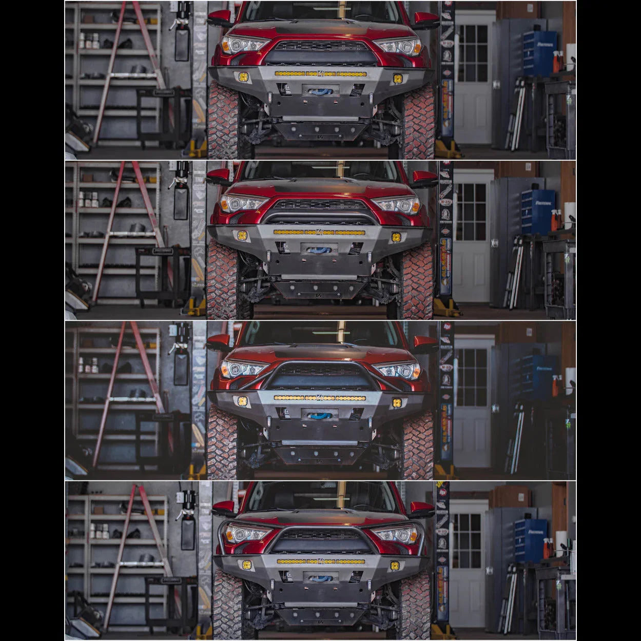 Front view of a red Toyota 4Runner with off-road overland bumper and yellow LED lights in a garage.
