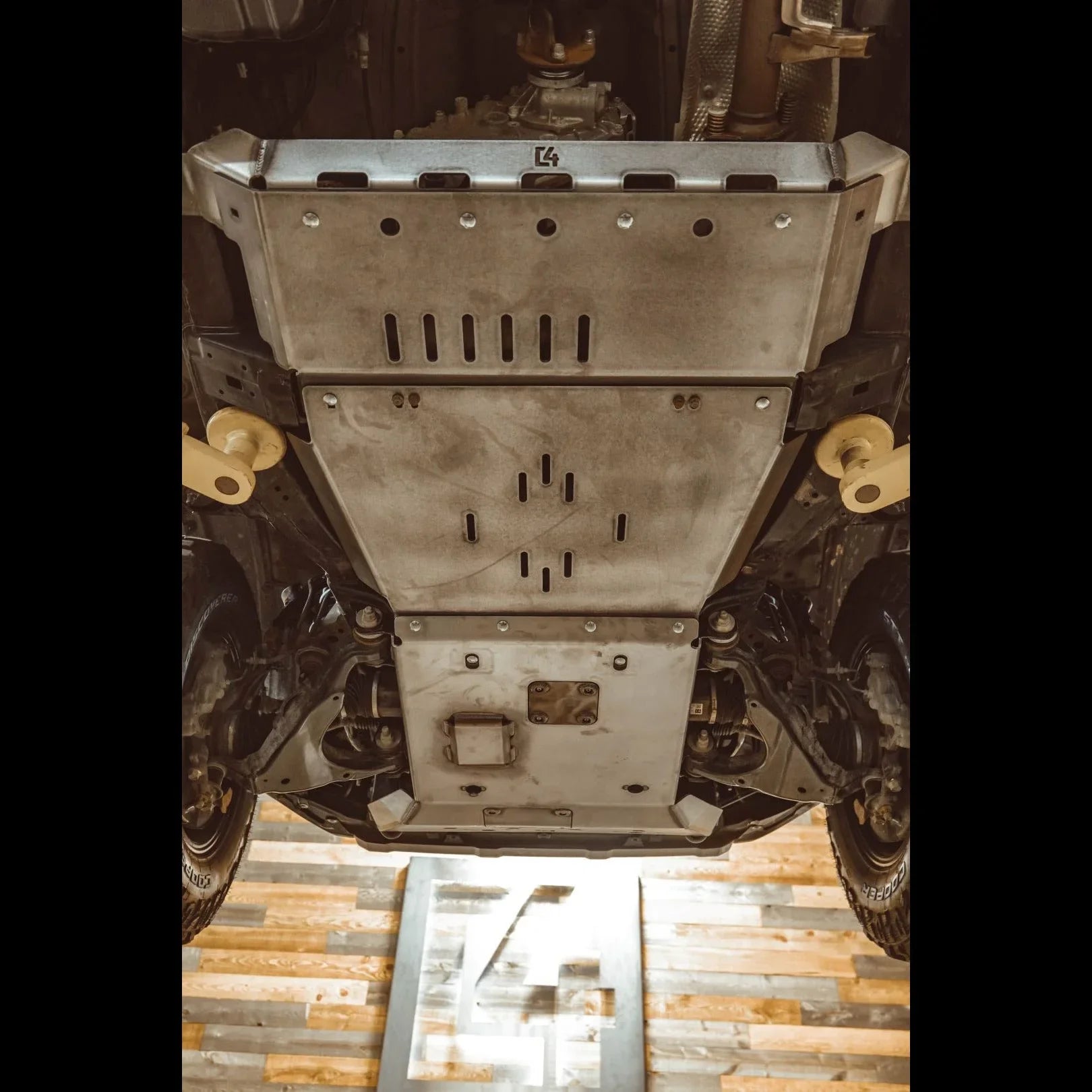 Toyota 4Runner 5th gen rear skid plates installed, underbody view, off-road protection