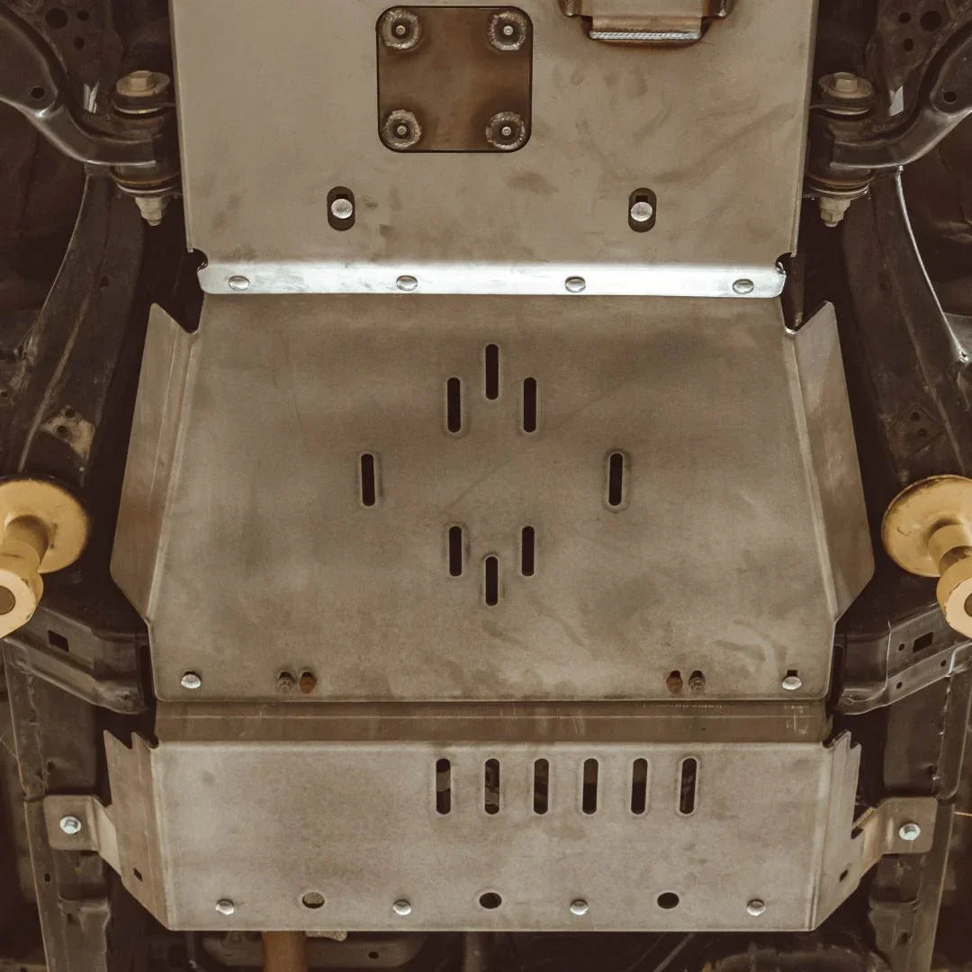 Underside view of Toyota 4Runner 5th Gen rear skid plates installed for off-road protection