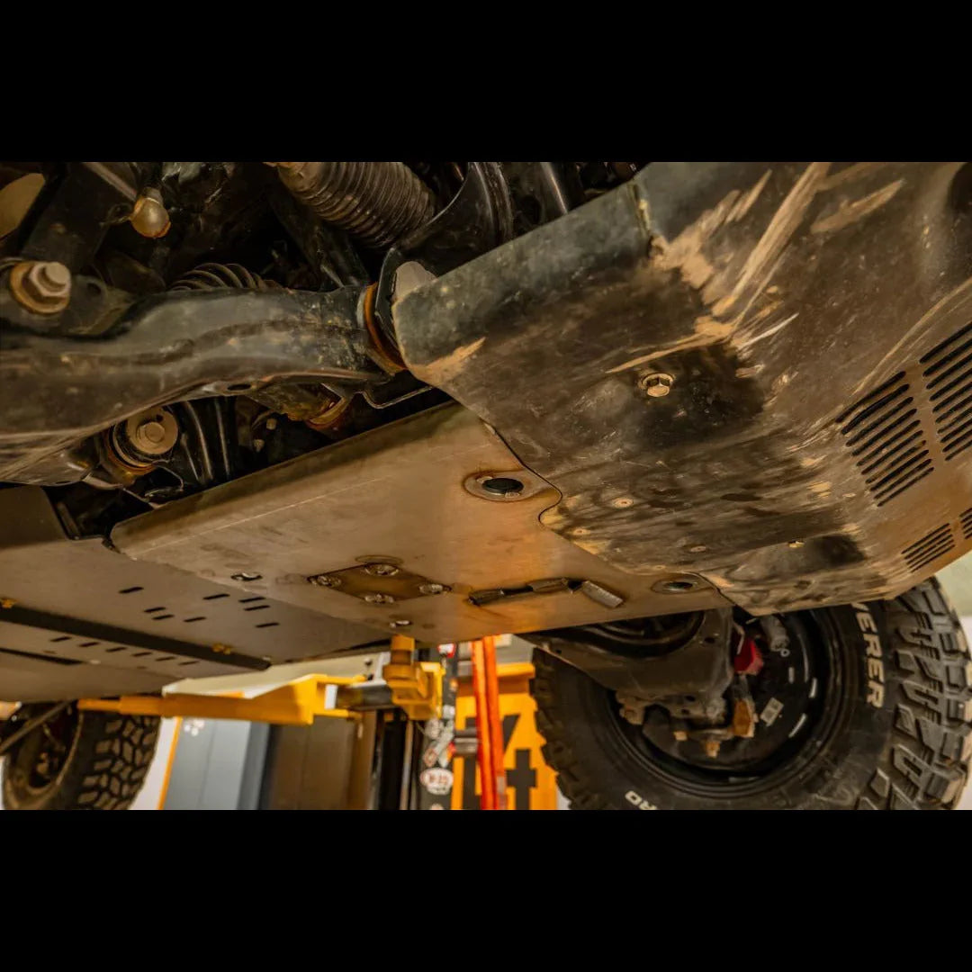 Underside of Toyota 4Runner with TRD Pro skid plate installed for off-road protection