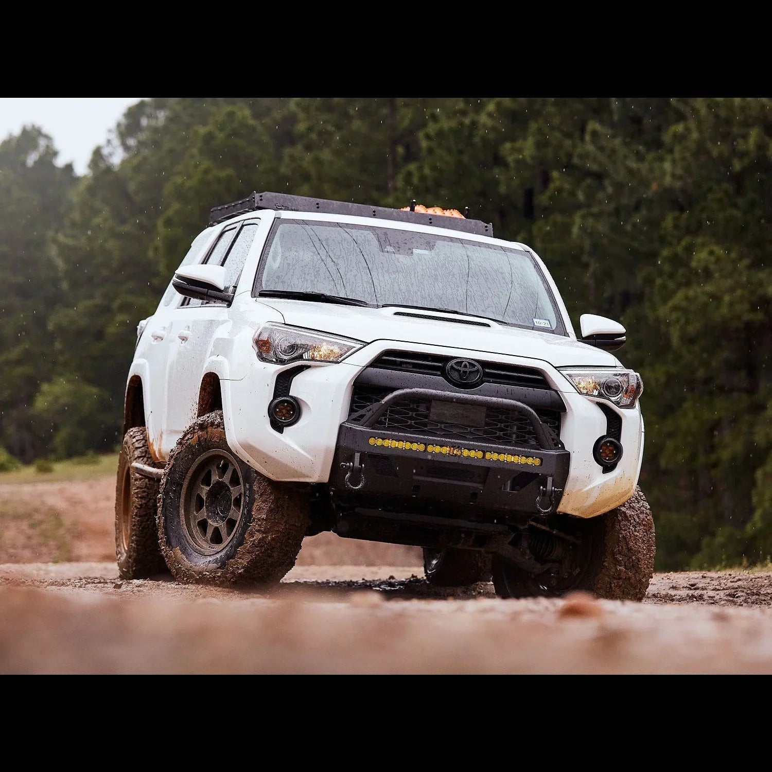 White Toyota 4Runner with off-road bumper and mud tires driving on rugged trail in forest