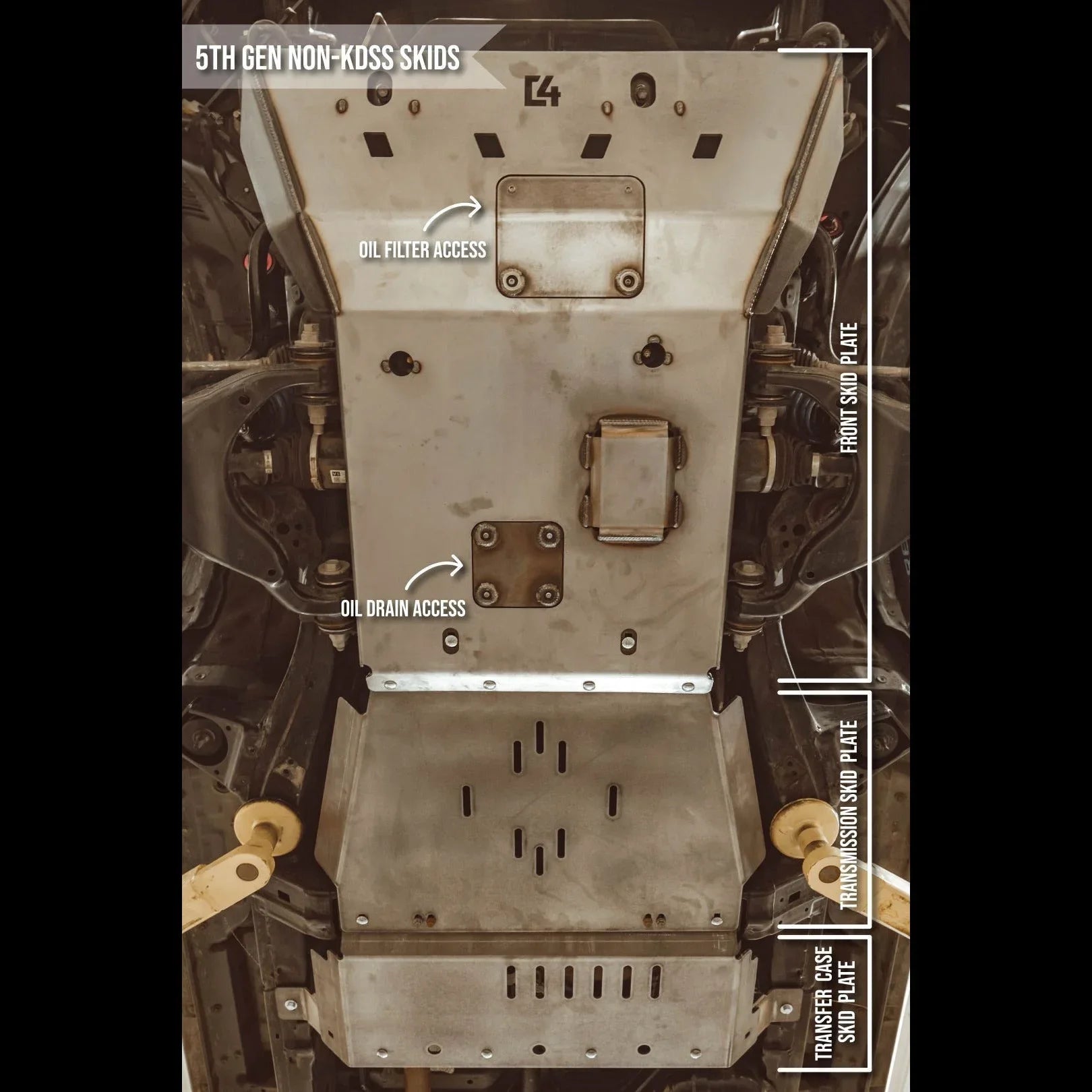 Underbody view of 5th gen Toyota 4Runner non-KDSS skid plates, labeled for oil filter and drain access, front skid, transmission and transfer case skid plates.