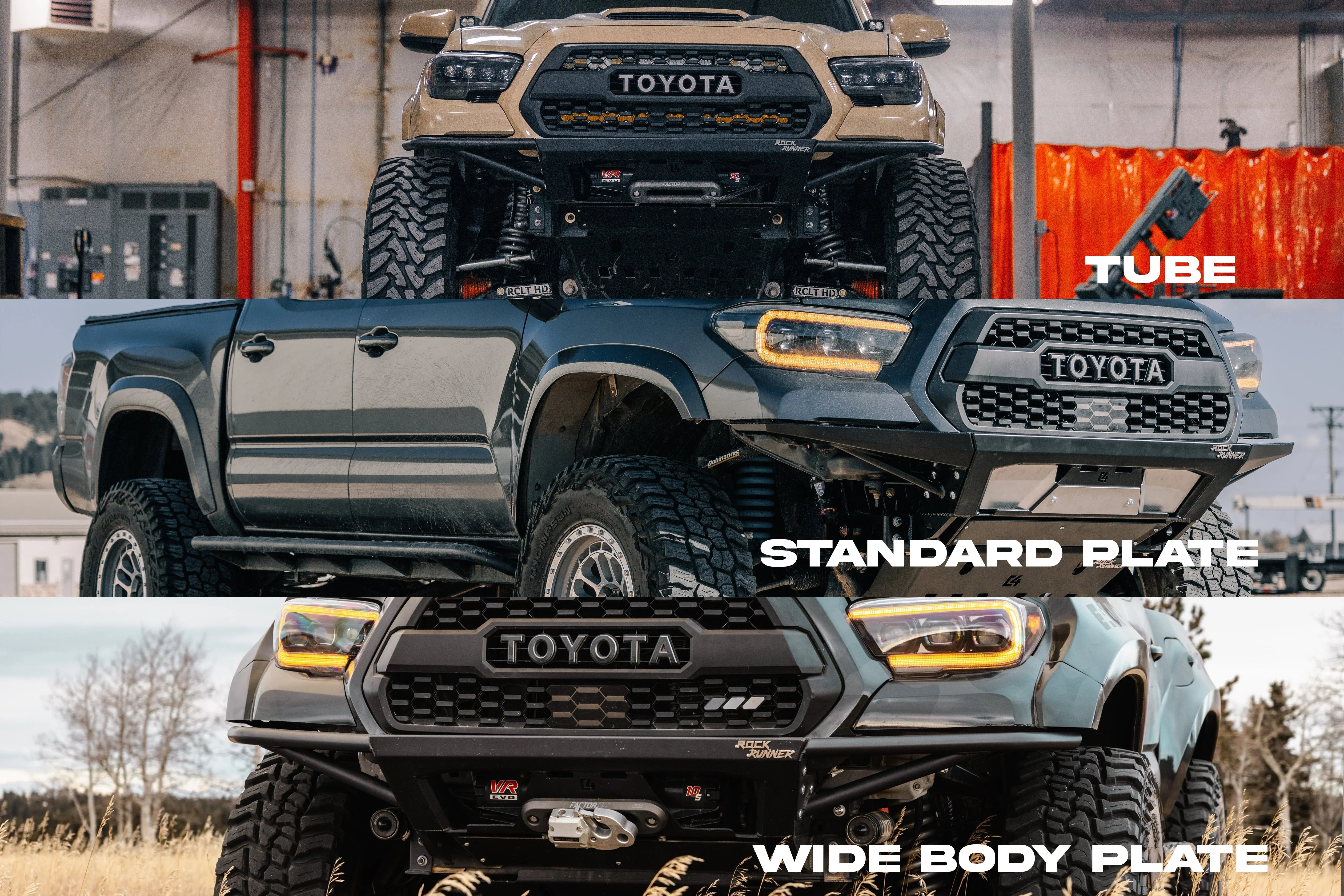 Toyota Tacoma front bumper options including tube, standard plate, and wide body plate for overlanding