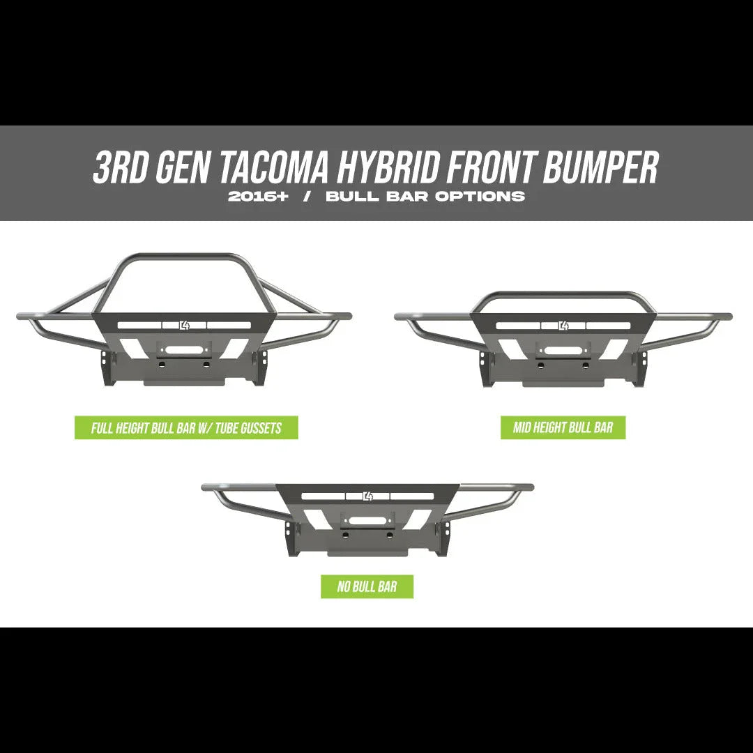 3rd gen Toyota Tacoma hybrid front bumper options for 2016+ with full height, mid height, and no bull bar designs demonstrated.