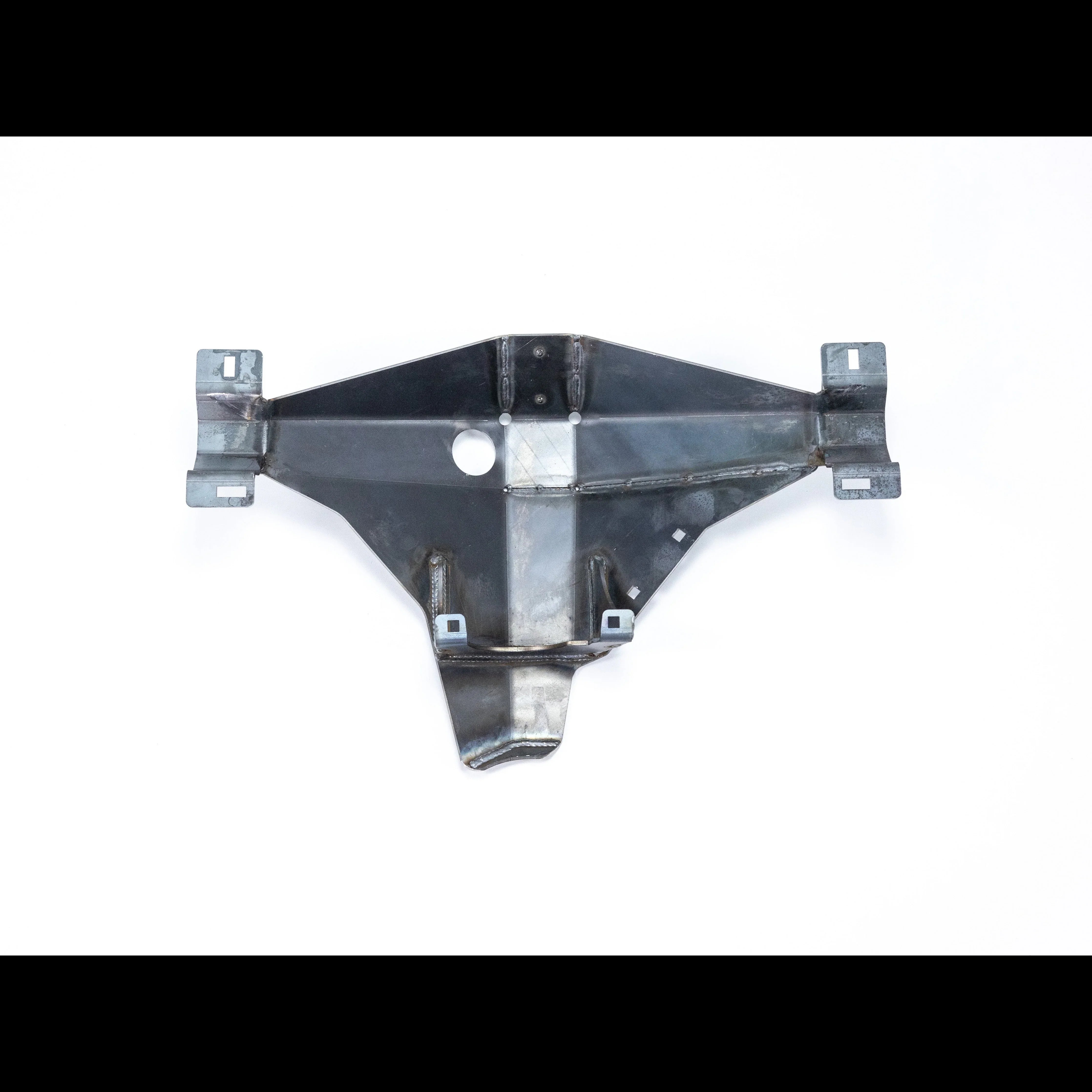 Steel skid plate bracket for Toyota Tacoma overlanding and expedition vehicles on white background