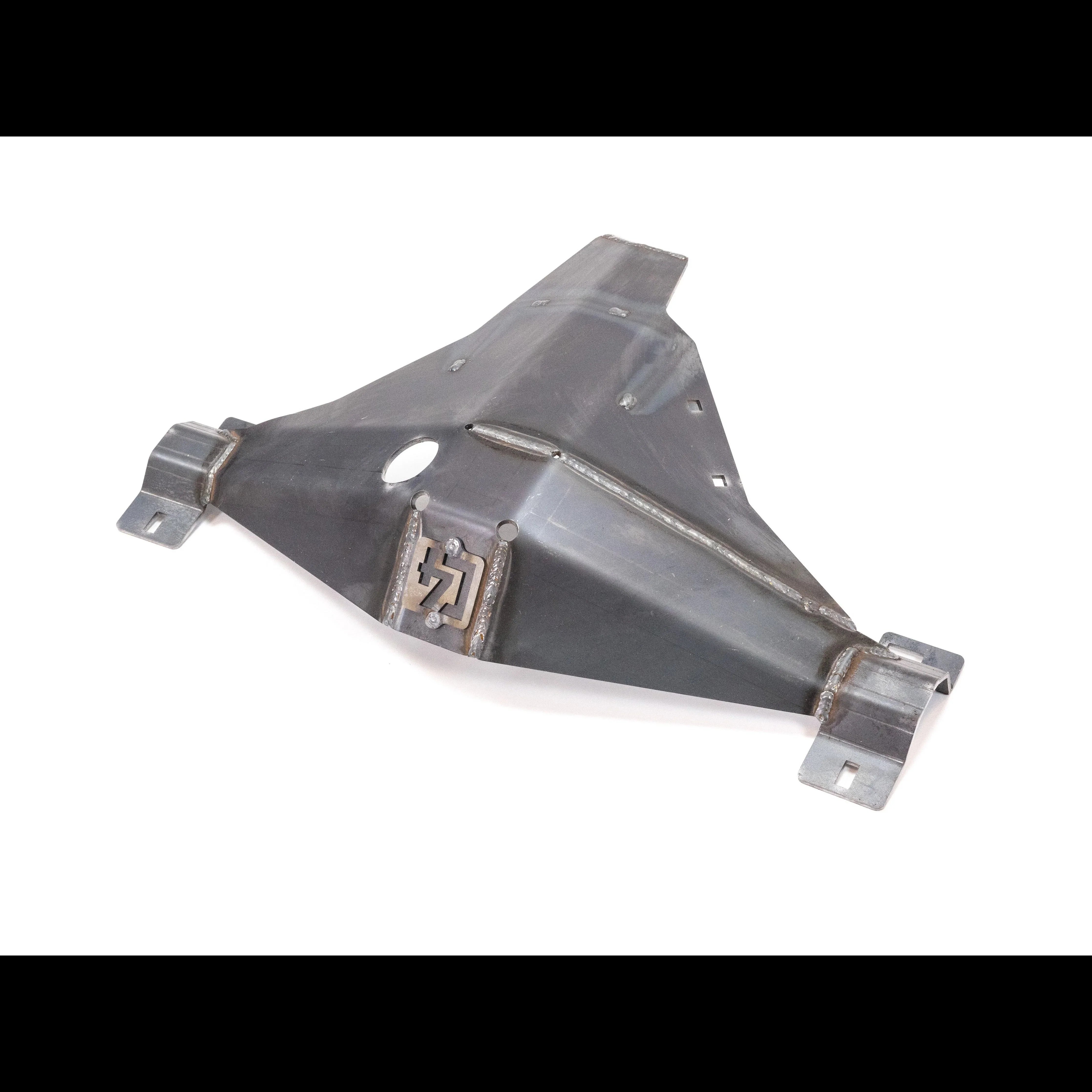 Steel skid plate for off-road vehicle, durable welded construction, mounting brackets visible