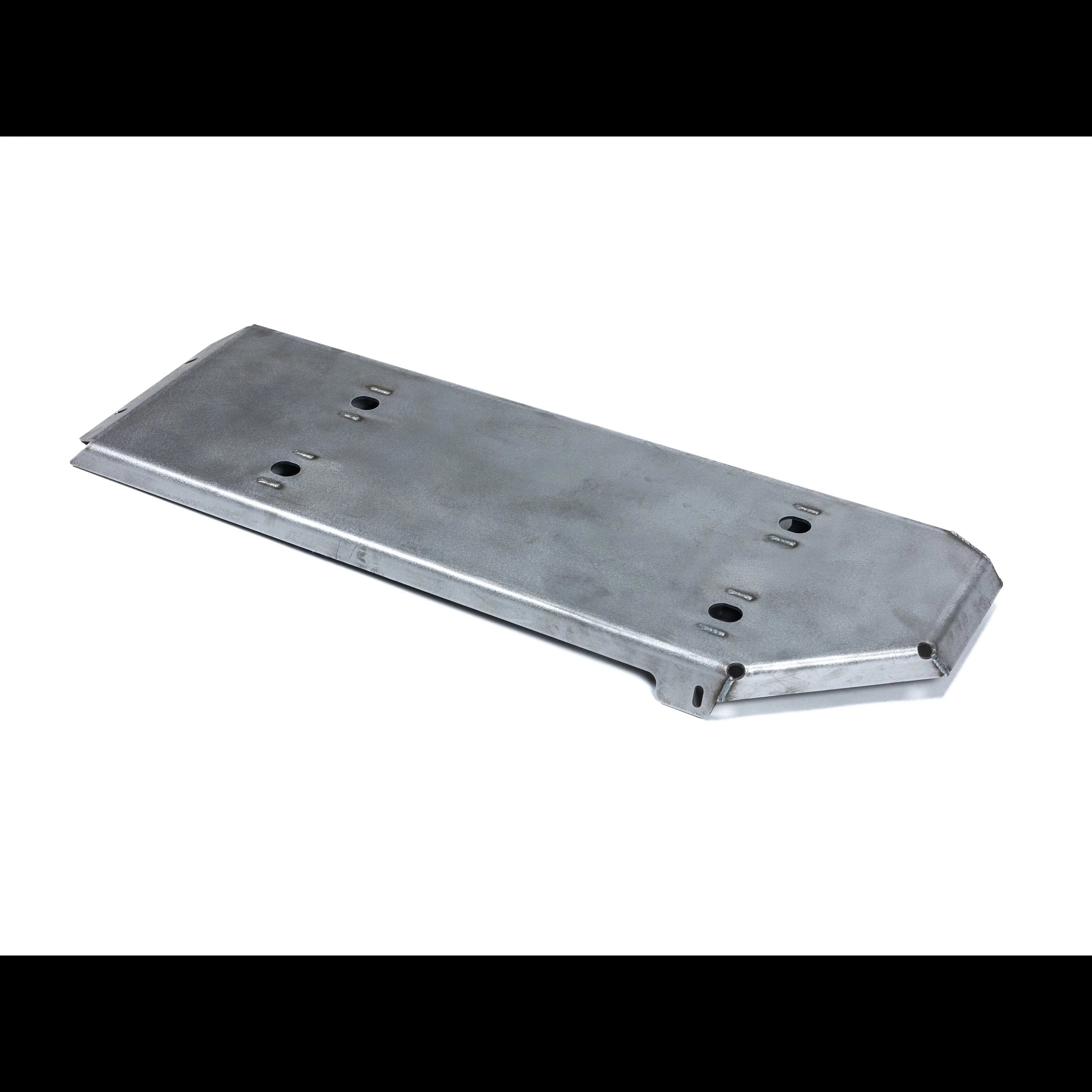 Steel skid plate for off-road vehicle undercarriage protection, isolated on white background.