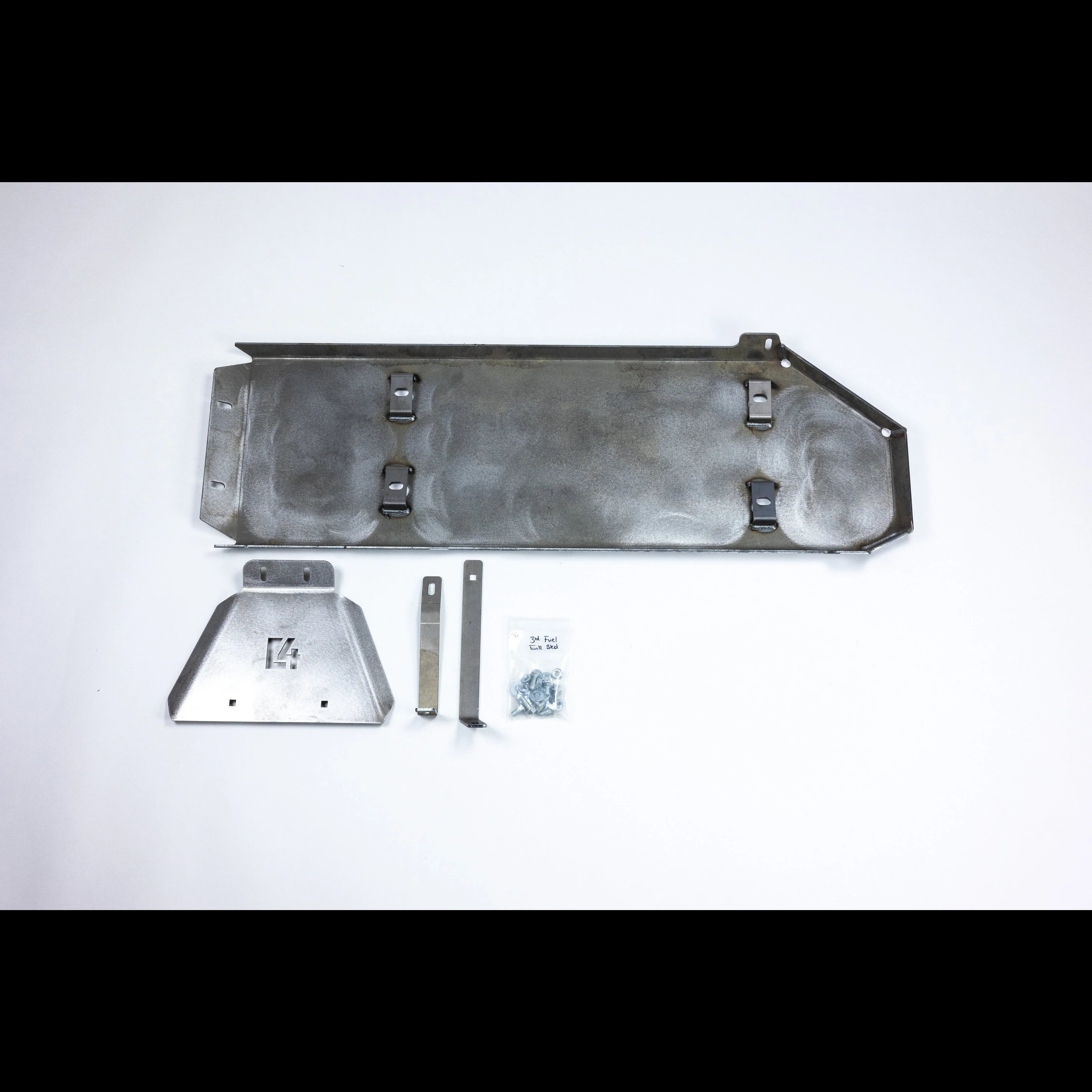 Steel skid plate kit with mounting brackets and hardware for off-road vehicle protection