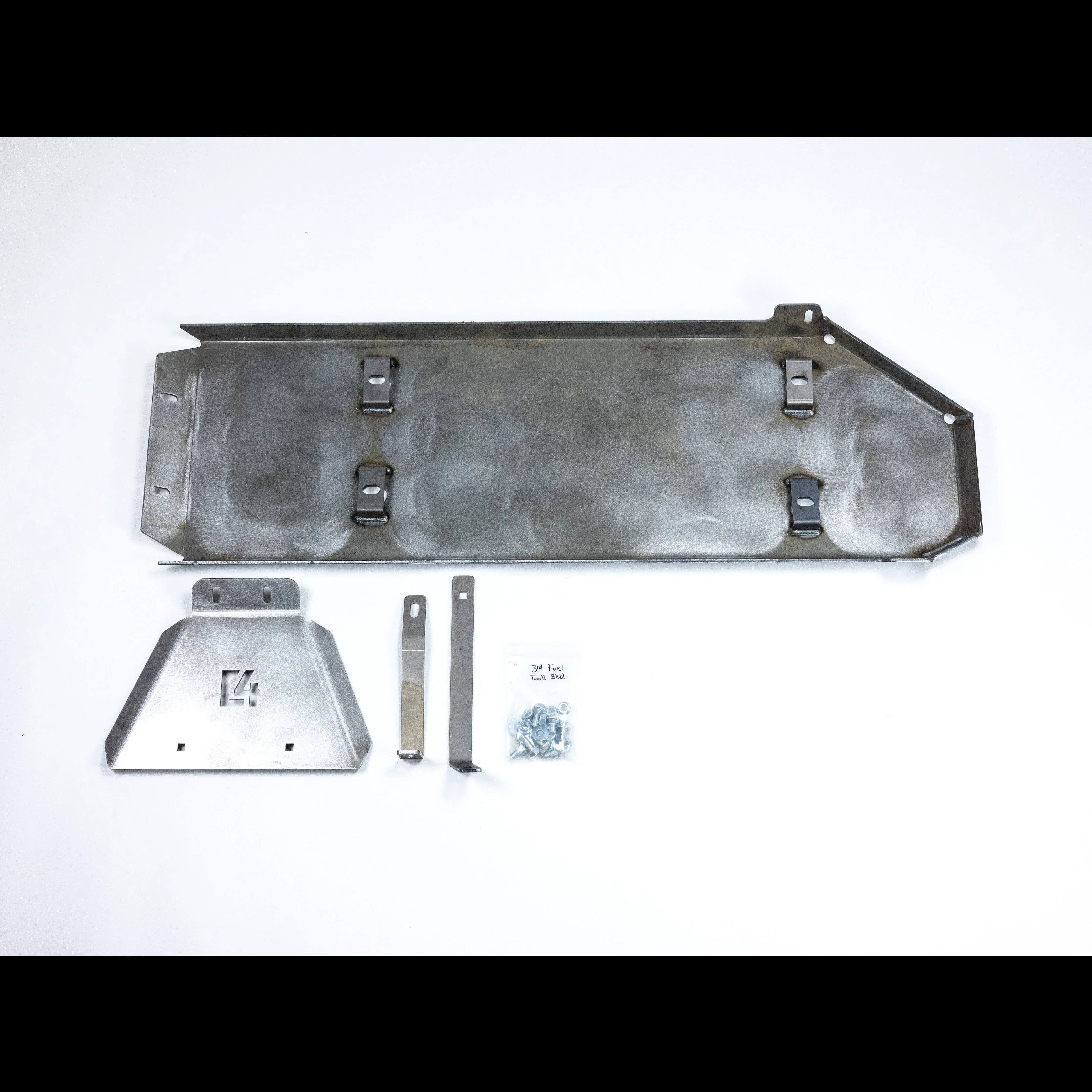 Steel skid plate kit with mounting brackets and hardware for off-road vehicles