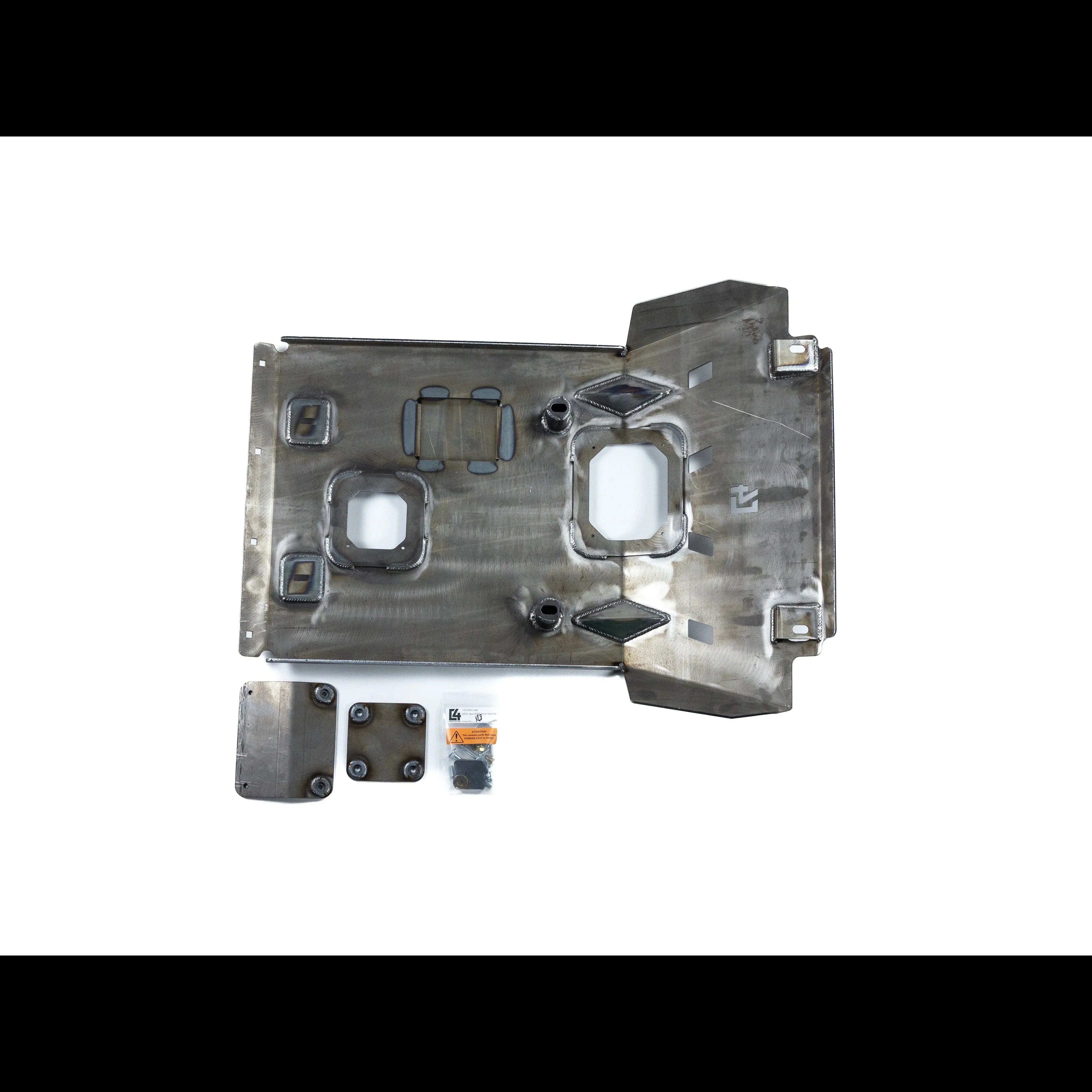 Steel skid plate kit with mounting hardware for off-road vehicle protection