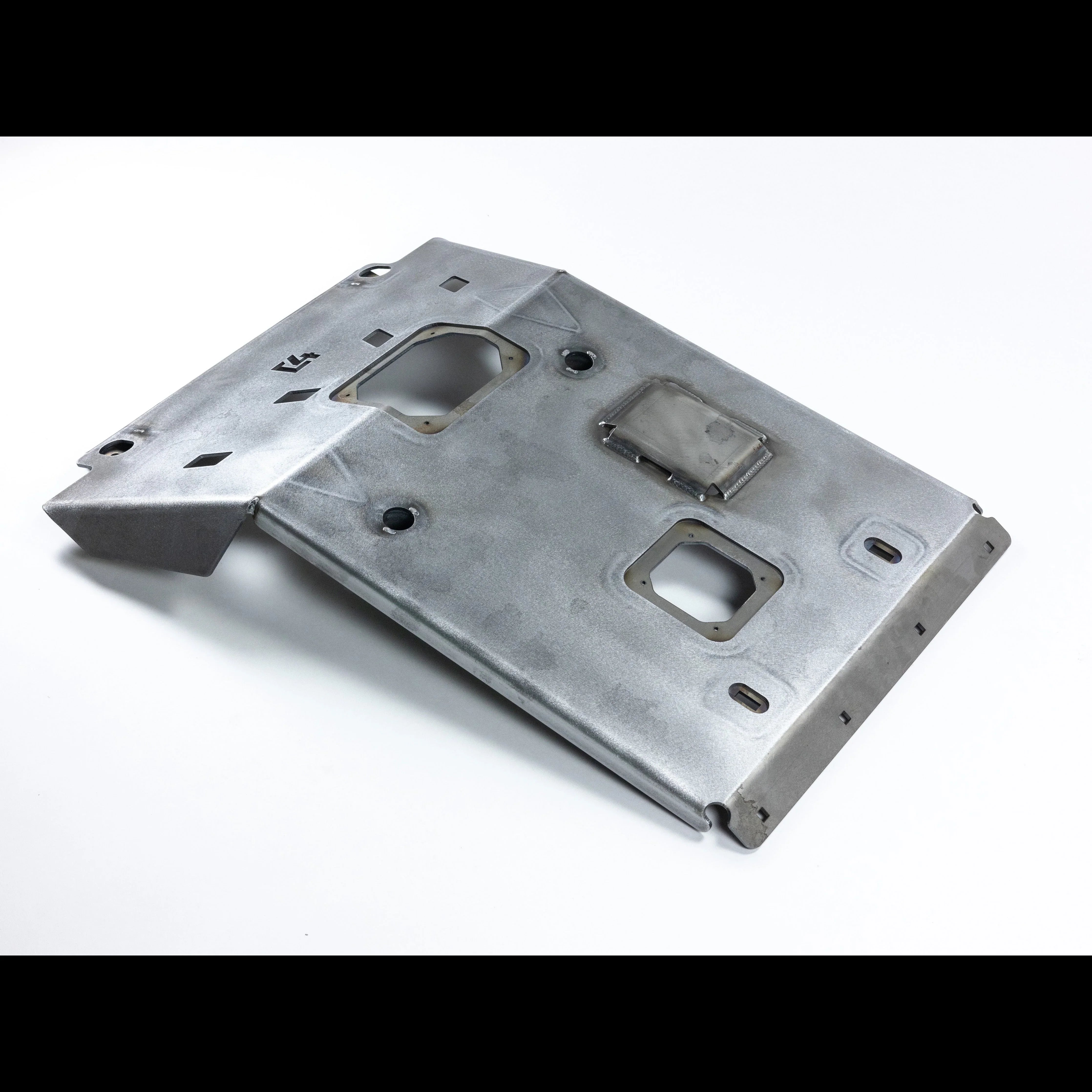 Steel skid plate for off-road vehicle, protective undercarriage armor, gray metal finish