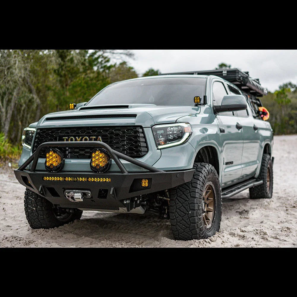 Overland-ready Toyota Tundra with off-road bumper, LED lights, and rugged accessories