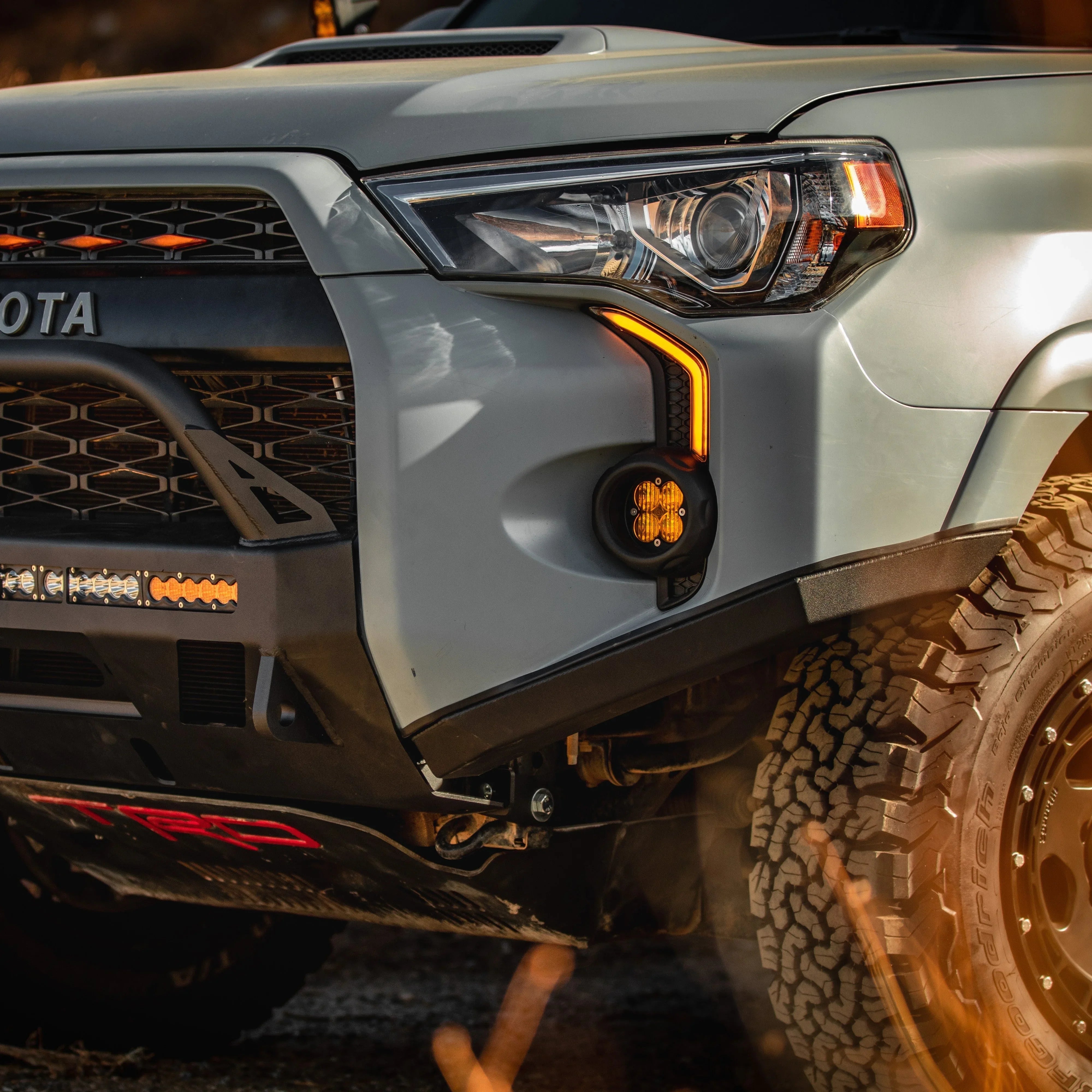 Toyota 4Runner front end with off-road LED lights, custom bumper, rugged all-terrain tires