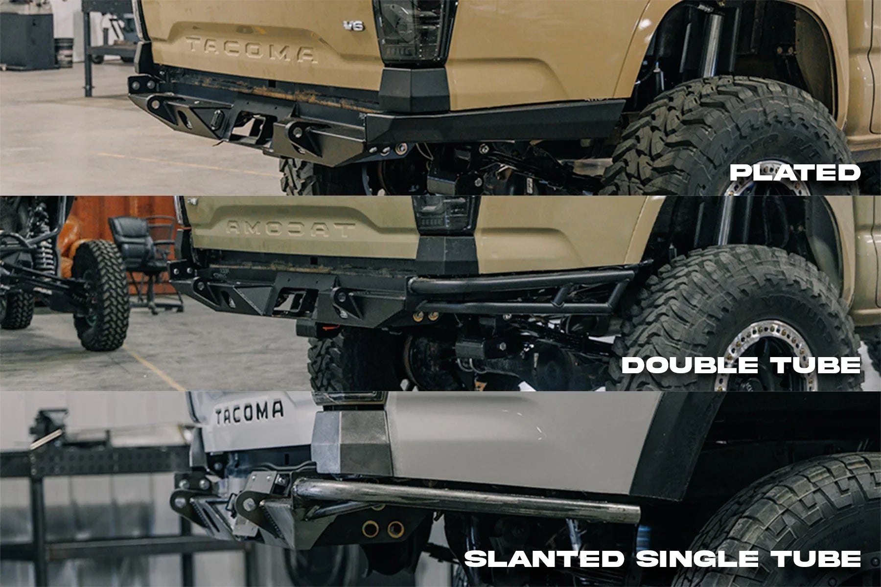 Comparison of plated, double tube, and slanted single tube rear bumpers on Toyota Tacoma trucks